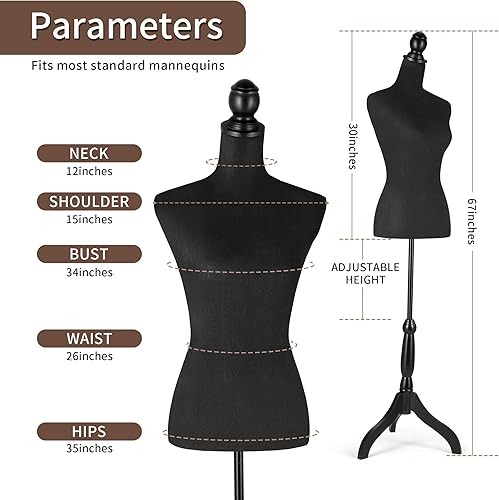 Miniatura 2 de Dress Form Mannequin Torso, Female Sewing Bust Manikin Body, Pinnable Dressmaker Form with Stand for Display, Clothing Design, Black