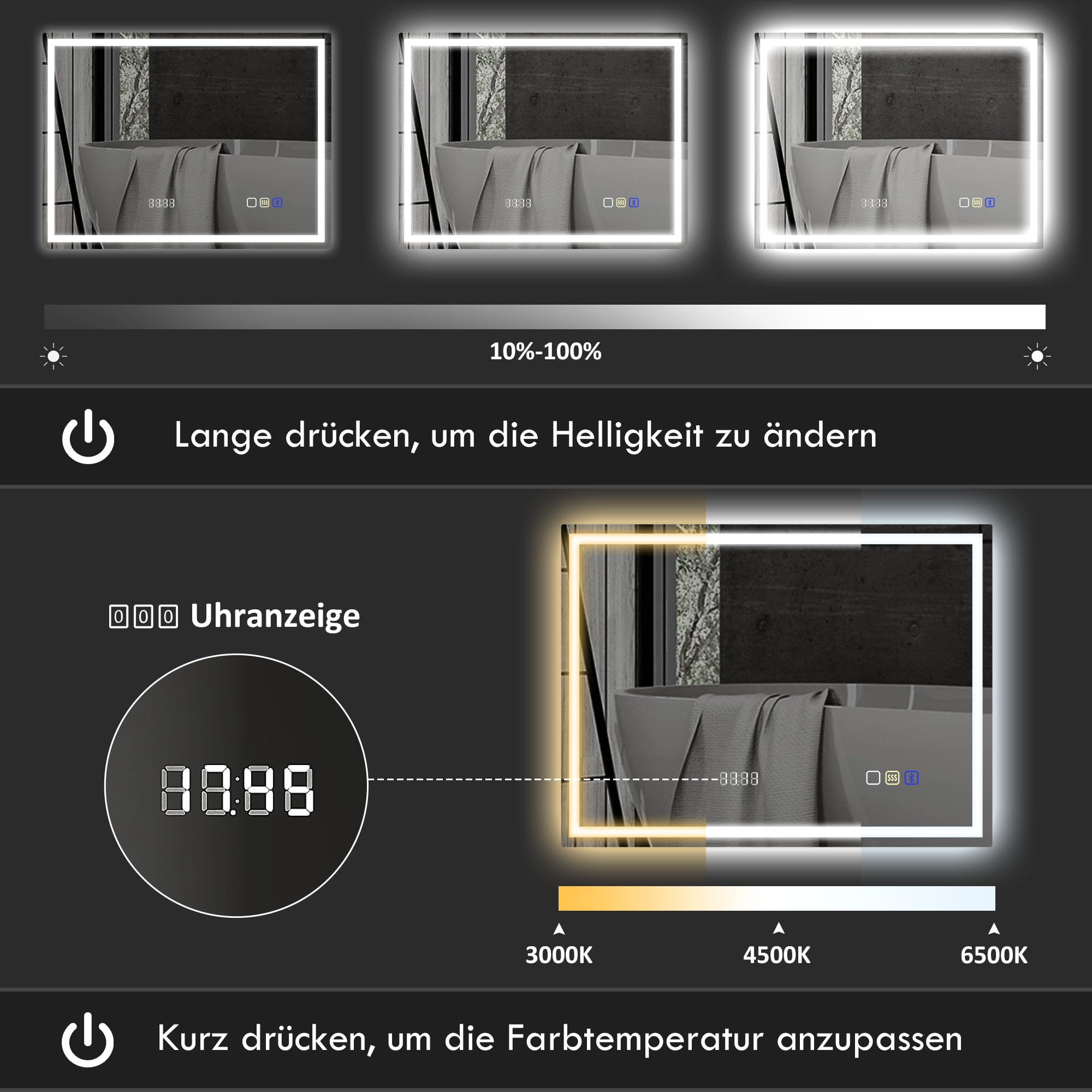 HOMCOM Badspiegel mit Beleuchtung 100x80 cm LED Spiegel Uhr Silber