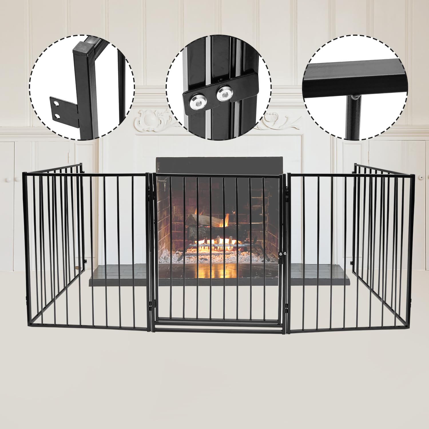 Cancelletto di sicurezza, lunghezza totale 340 cm, 5 elementi ciascuno 65 x 75 cm, Barriera Protettiva con porta, protezione per sicurezza bambini, nero