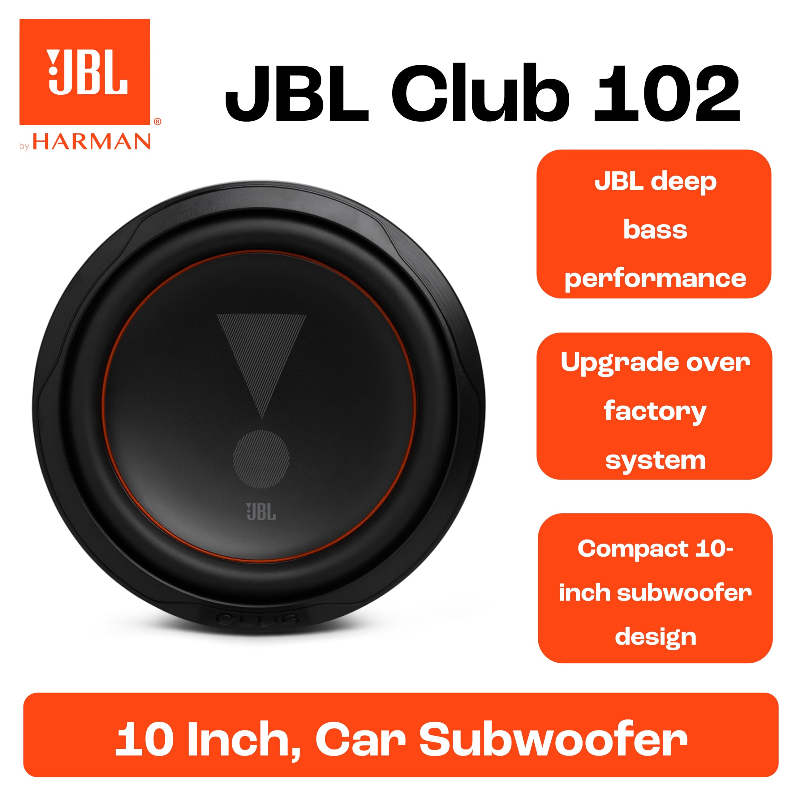 JBL Club 102 Subwoofer 250mm 10" con 350W RMS y 1050W Pico, Impedancia Seleccionable 2 o 4 Ohm, Sensibilidad 83dB, Rango 35Hz-500Hz, Surround de Goma Duradera para Audio Potente en Vehículos