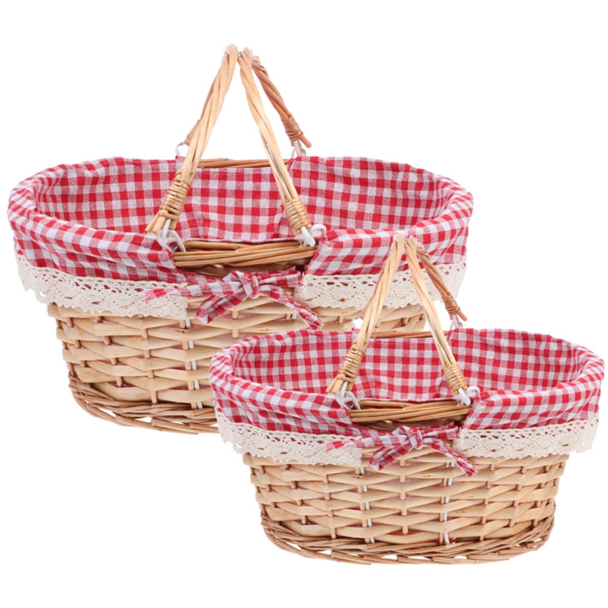 2 Piezas Cesta de Picnic Tejida Asa, Mimbre y Tela, Hecha a Mano