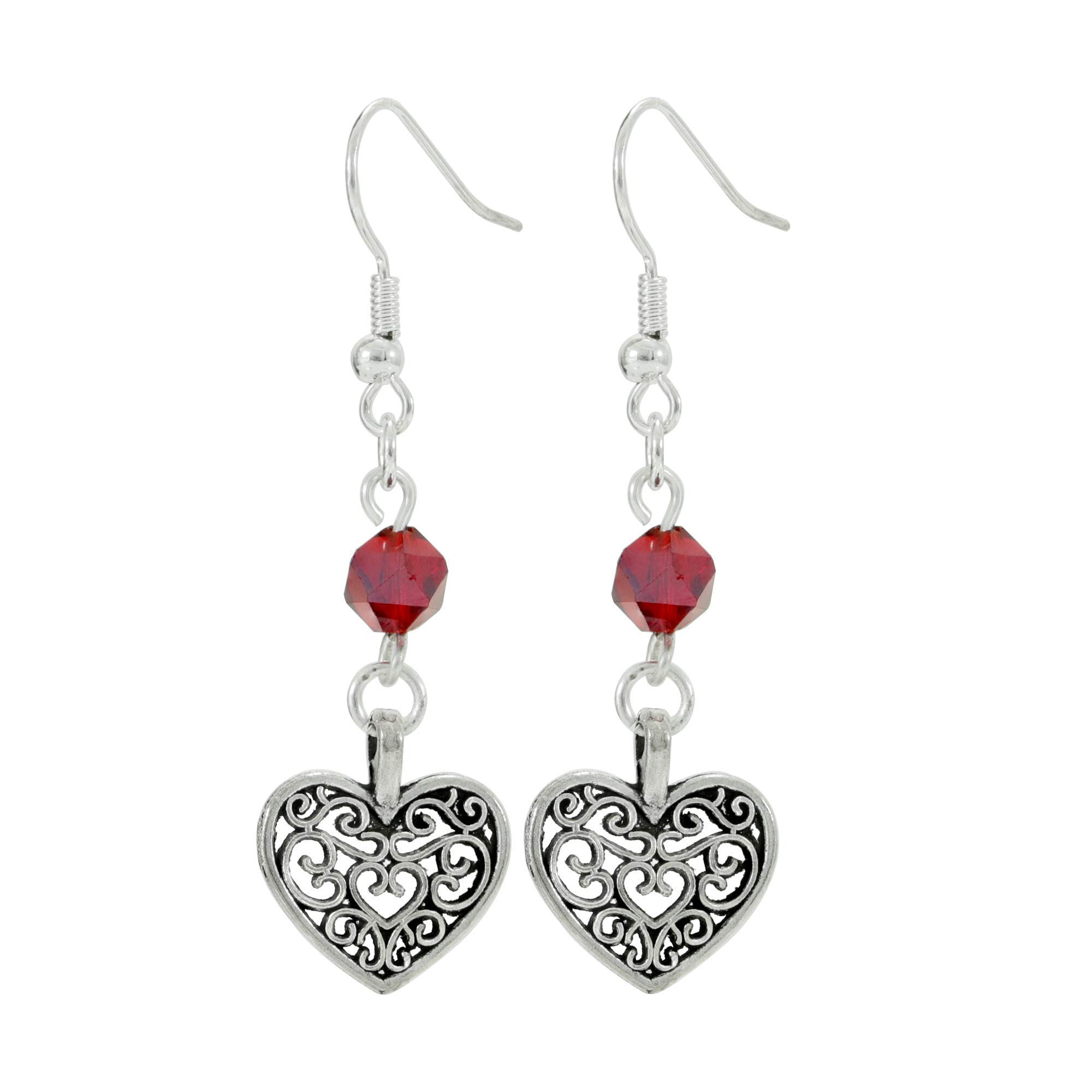 Filigree Heart and Red Bead Earrings, Handmade Light Weight Silver Tone Dangle Women's Earring Set
