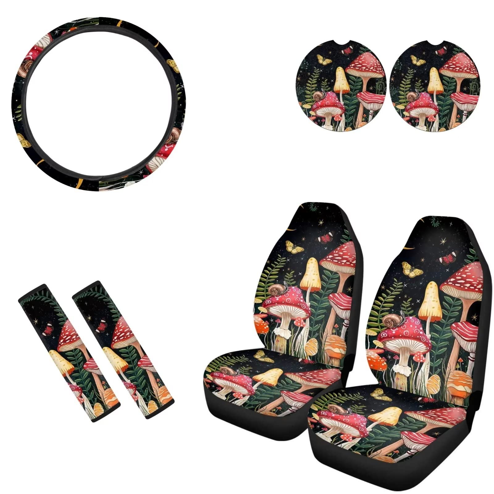 Binienty Cartoon Muhsroom Coprisedili auto Secchiello Protector con coprivolante+Sedile di sicurezza Beld Pads+ Copritastre portabicchieri