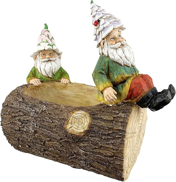 Red Carpet Studios 20514 Hand-Painted Resin and Stone Sculpted Gnome Planter, 4.5" Deep, Gnomes on a Log