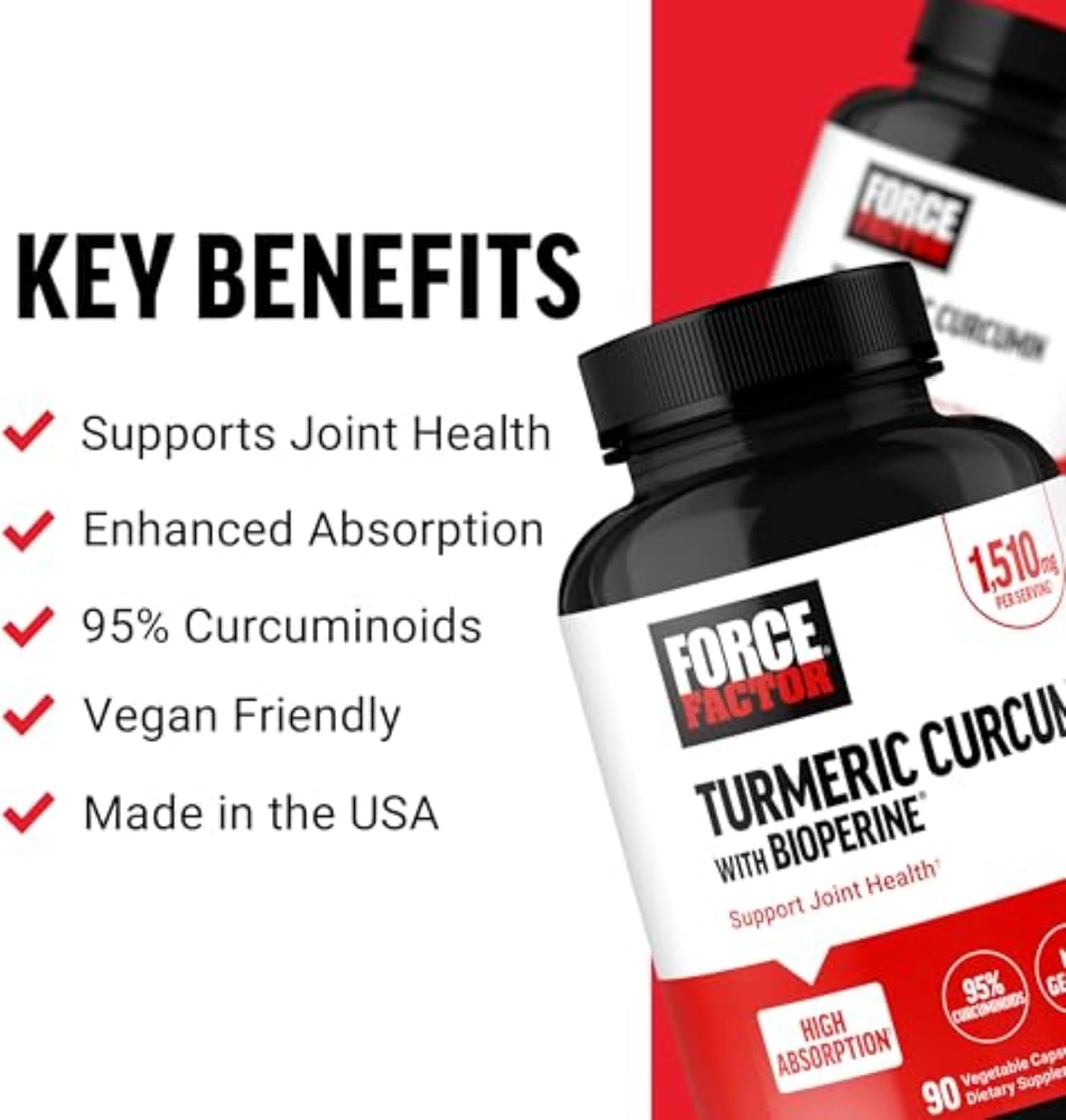 Force Factor Turmeric Curcumin Supplement with Black Pepper, Joint Support Supplement with BioPerine for Enhanced Absorption, No Gelatin, Non-GMO, 90 Capsules (Pack of 2)