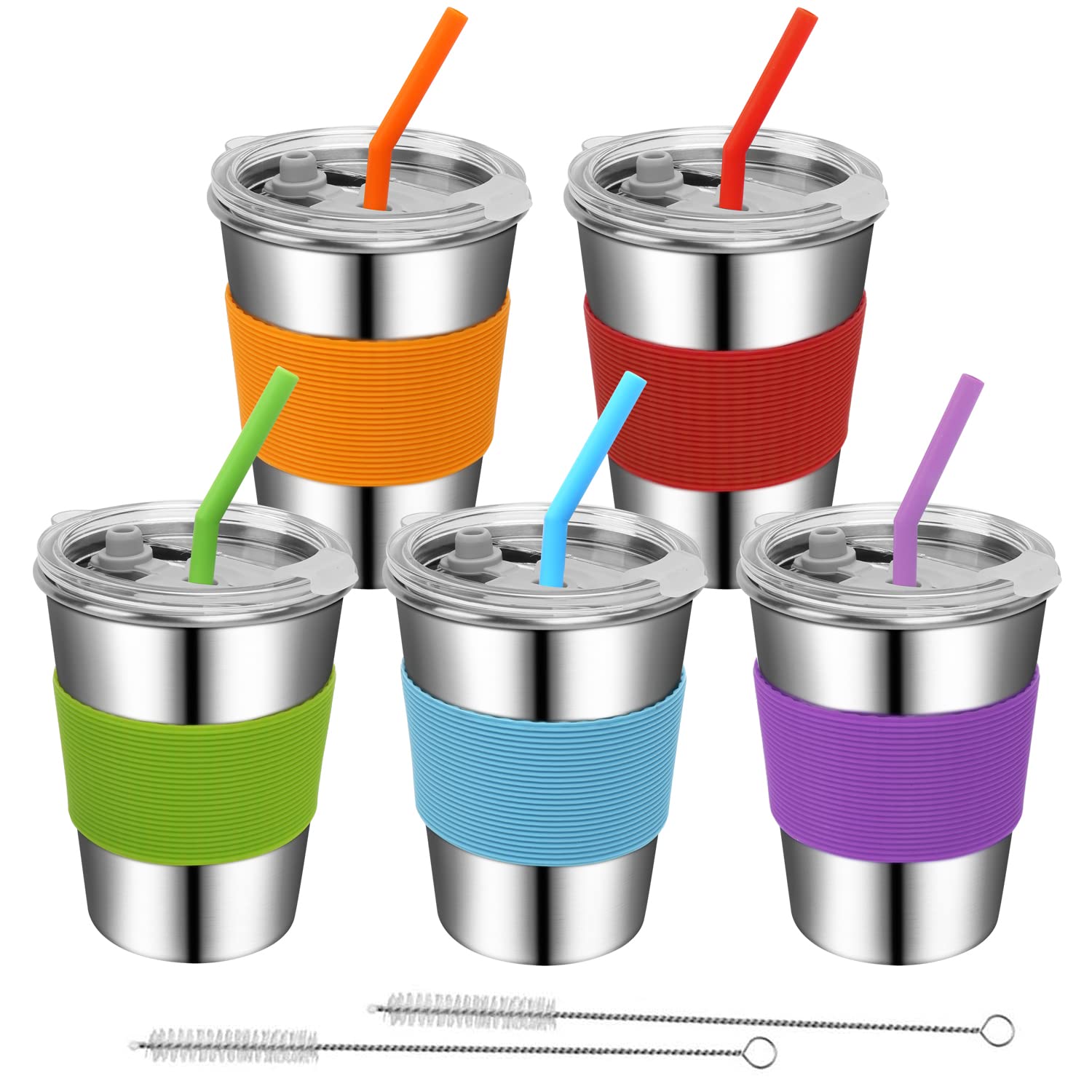 Toddler Cups with Straws, 18/8 Stainless Steel Children Smoothie Drinking Sippy Cups, Stacking & Reusable Kids Cups with Straws and Lids, 5 Pack, 12oz