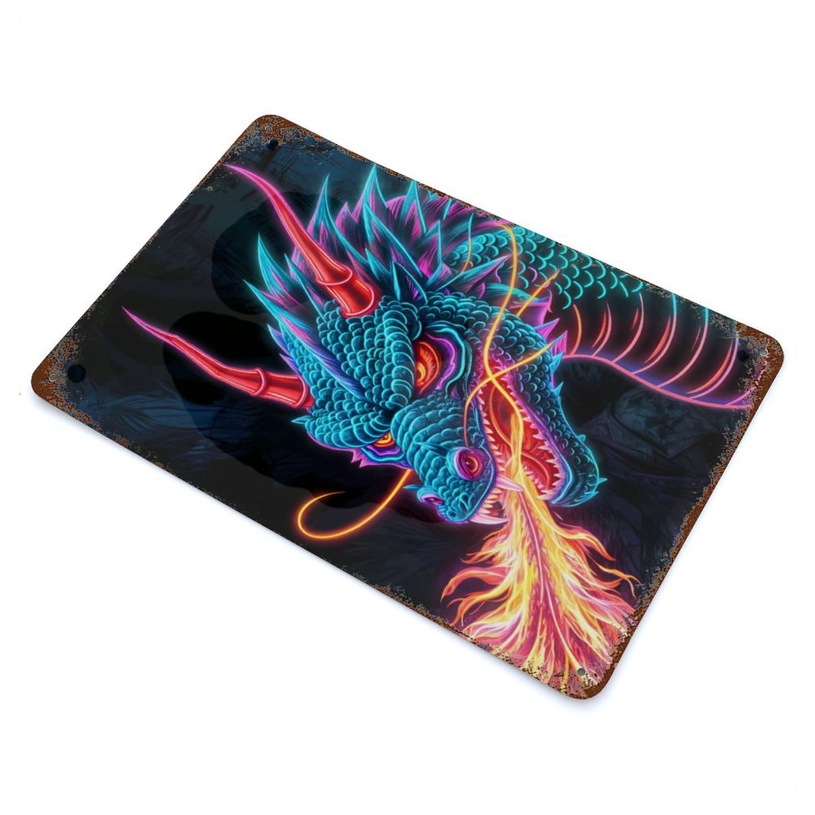 Dragon Neon 11.8"x7.9" Rustic Tin Plaque, Novelty Wall Decor for Living Room, Hallway And Home Decor