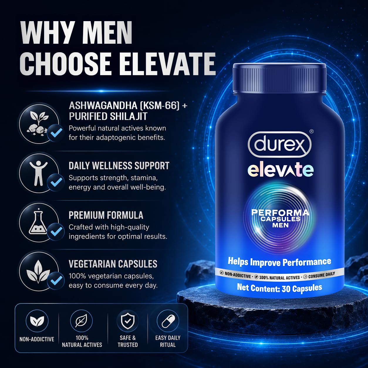 Durex Elevate Performa Capsules for Men | Ashwagandha KSM-66 Purified Shilajit & Supplement | Supports Strength & Stamina | 30 Capsules product image 7