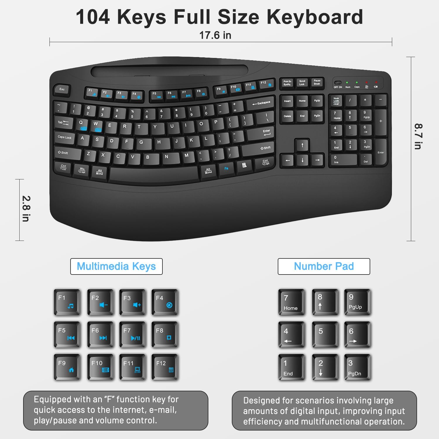 Wireless Keyboard and Mouse Combo, 2.4G Full Size Wave Keys Ergonomic Keyboard with Wrist Rest, Phone Holder, 3-Level DPI Wireless Silent Mouse with 6-Buttons, for Windows, Mac OS, Laptop, PC (Black) - Image 7