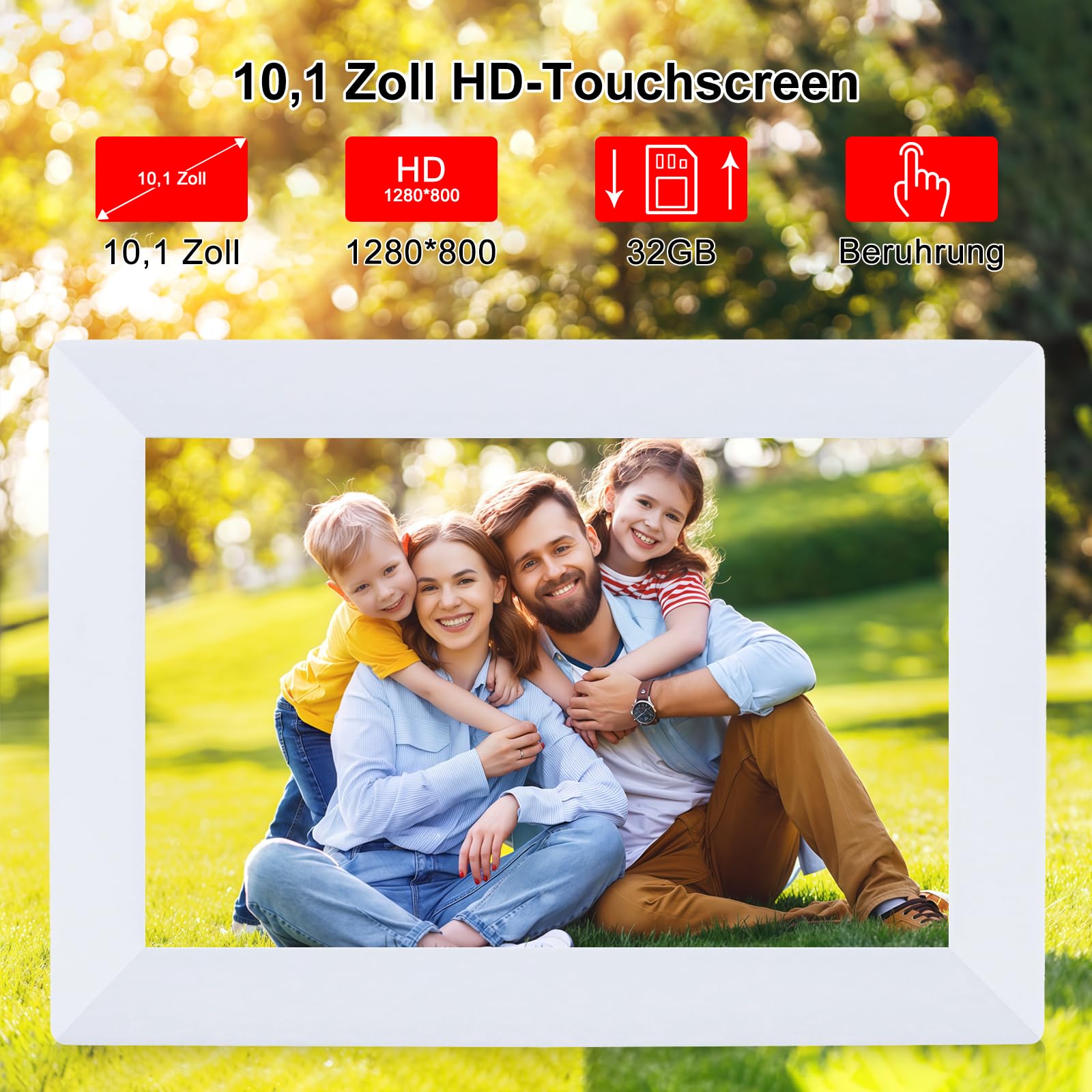 Frameo 10,1 Zoll WLAN Digitaler Bilderrahmen,1280x800 HD IPS Touchscreen Bilderrahmen,32GB Groß Speicher, Automatische Bilddrehung Unterstützt Wandmontage,Frameo APP Fotos Und Videos Jederzeit Teilen
