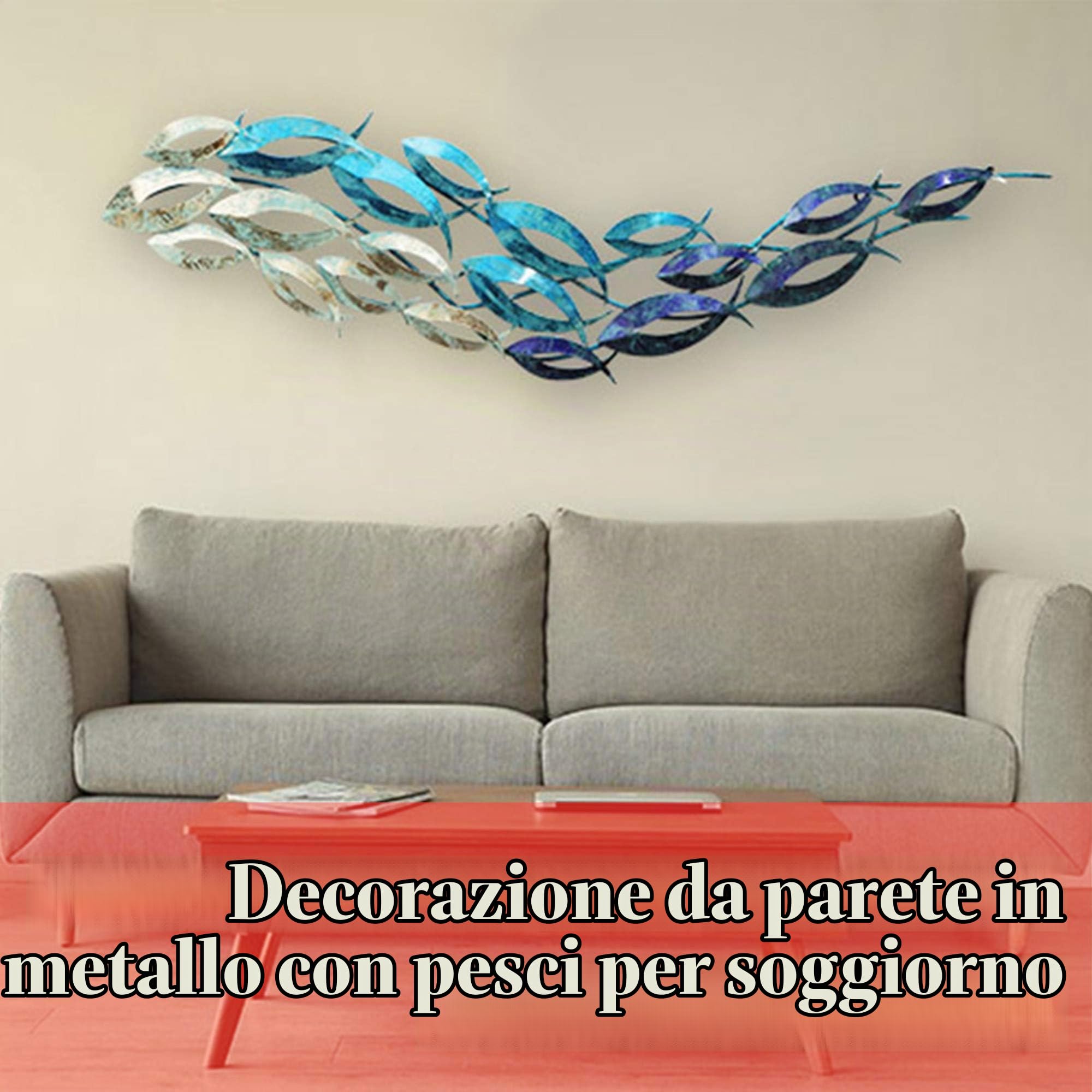 FMXYMC Decorazioni per la casa da Appendere a Parete in Metallo 3D, Decorazioni da Parete con Pesci oceanici, Scultura da Parete Artistica Fatta a Mano, 47 Pollici x 11,8 Pollici