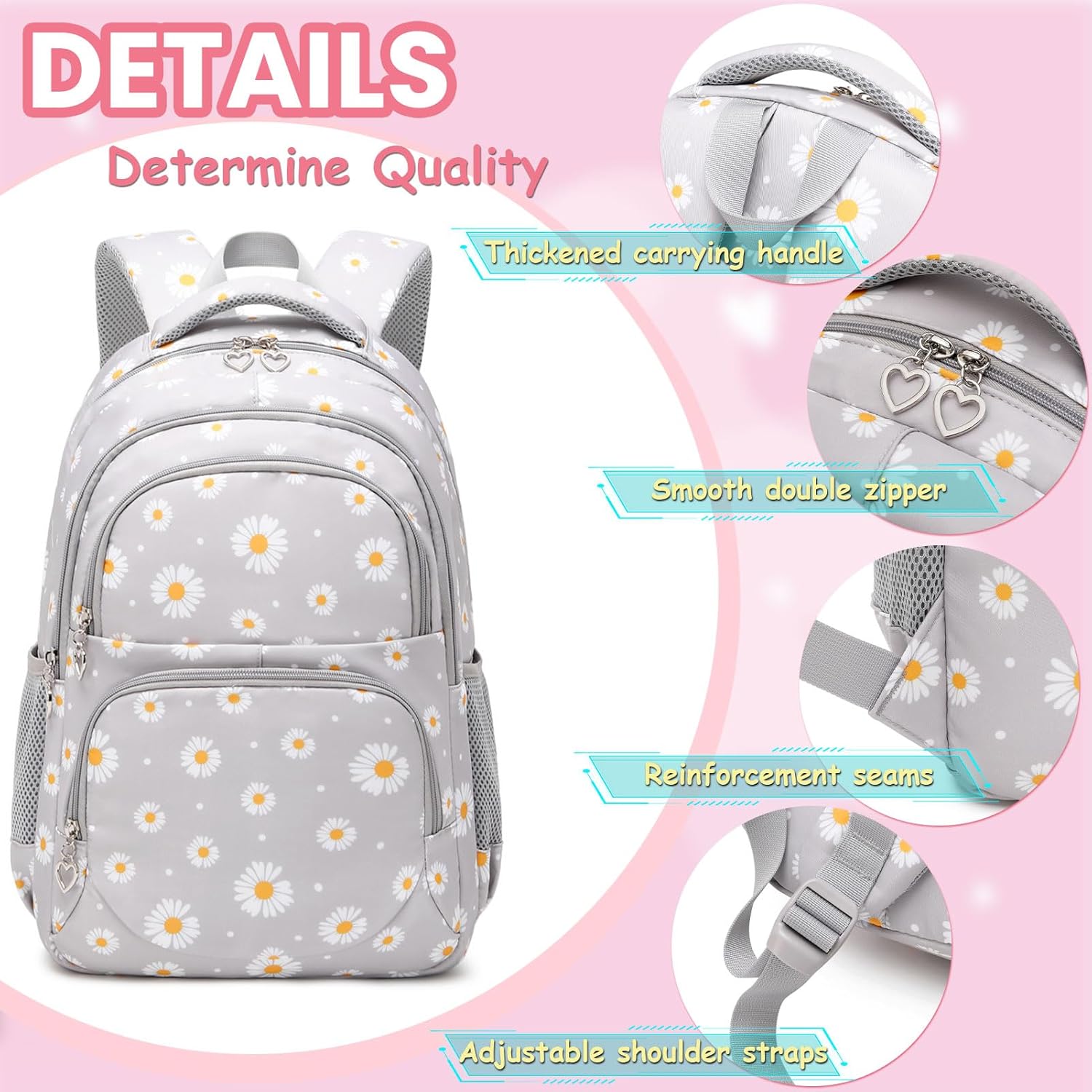 YJMKOI 3Pcs Daisy Prints Backpack for Girls Middle-School Elementary Students Bookbag Set with Lunch Box (Pink) - Image 3