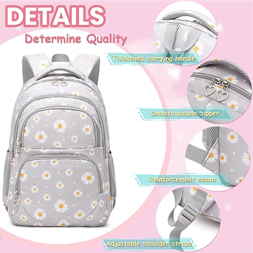 Miniatura 3 de YJMKOI Mochila con estampado de margaritas para niñas de secundaria y primaria, juego de mochila con lonchera (negro)