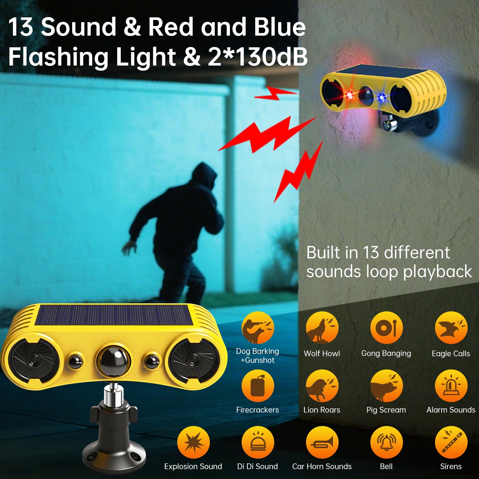 Alarma solar con sensor de movimiento para exteriores, alarma con sensor de movimiento, 13 sonidos, ladridos de perro y disparos, 2 x 130 db, fabricante de ruido fuerte, 4 modos, luz estroboscópica