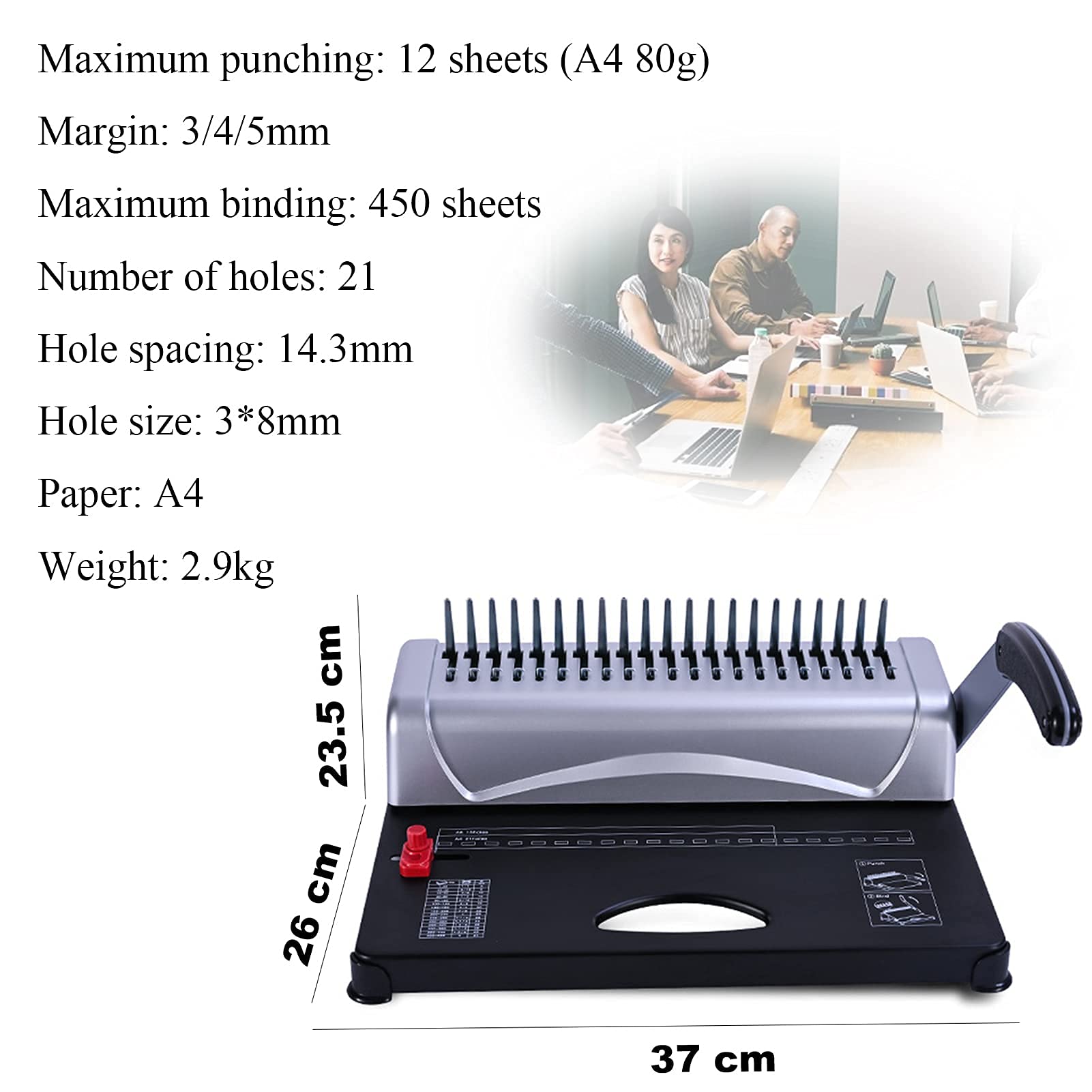 Accessori per Ufficio, Raccoglitore di Documenti a 21 Fori, Rilegatrice a Pettine per Carta A4, Rilegatura da 450 Fogli, capacità di Perforazione di 12 Fogli, Rilegatrici con Perfo