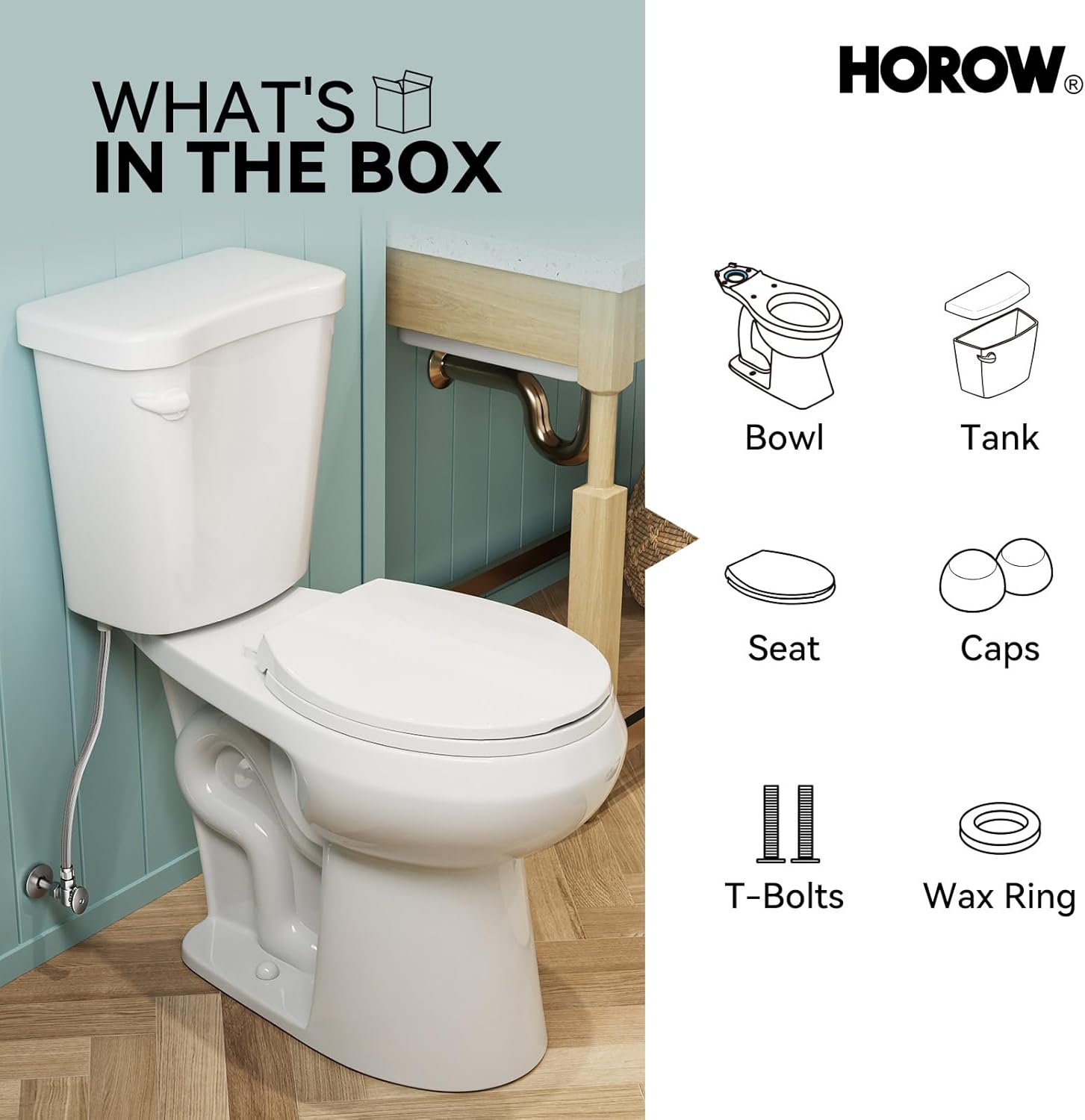 Diagram showing all components included in the HOROW toilet package: bowl, tank, seat, caps, T-bolts, and wax ring.