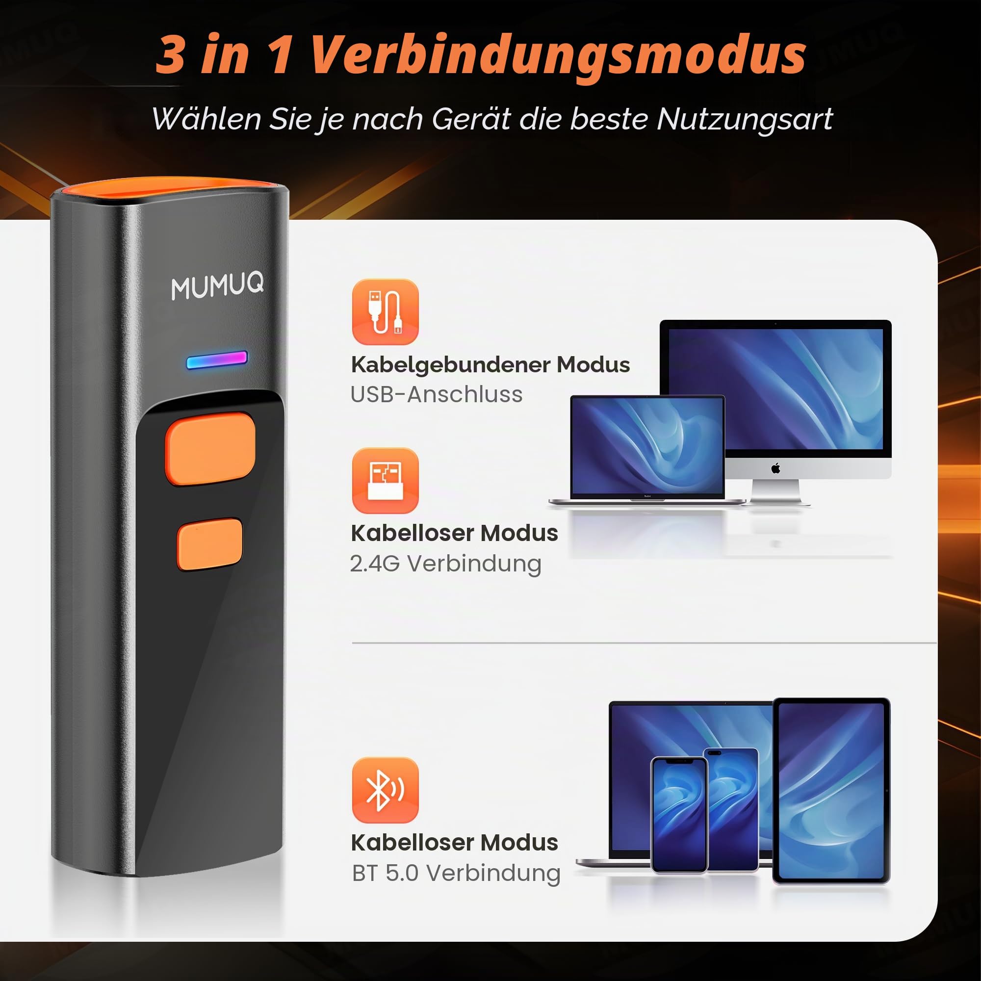Wireless Barcode Scanner – Mini 1D/2D QR Code Scanner, 3-in-1 (Bluetooth, 2.4G & USB) – Kompatibel mit Windows, Android, iOS, Tablet, PC – Inklusive Ladedock – Tragbar & Hochleistung