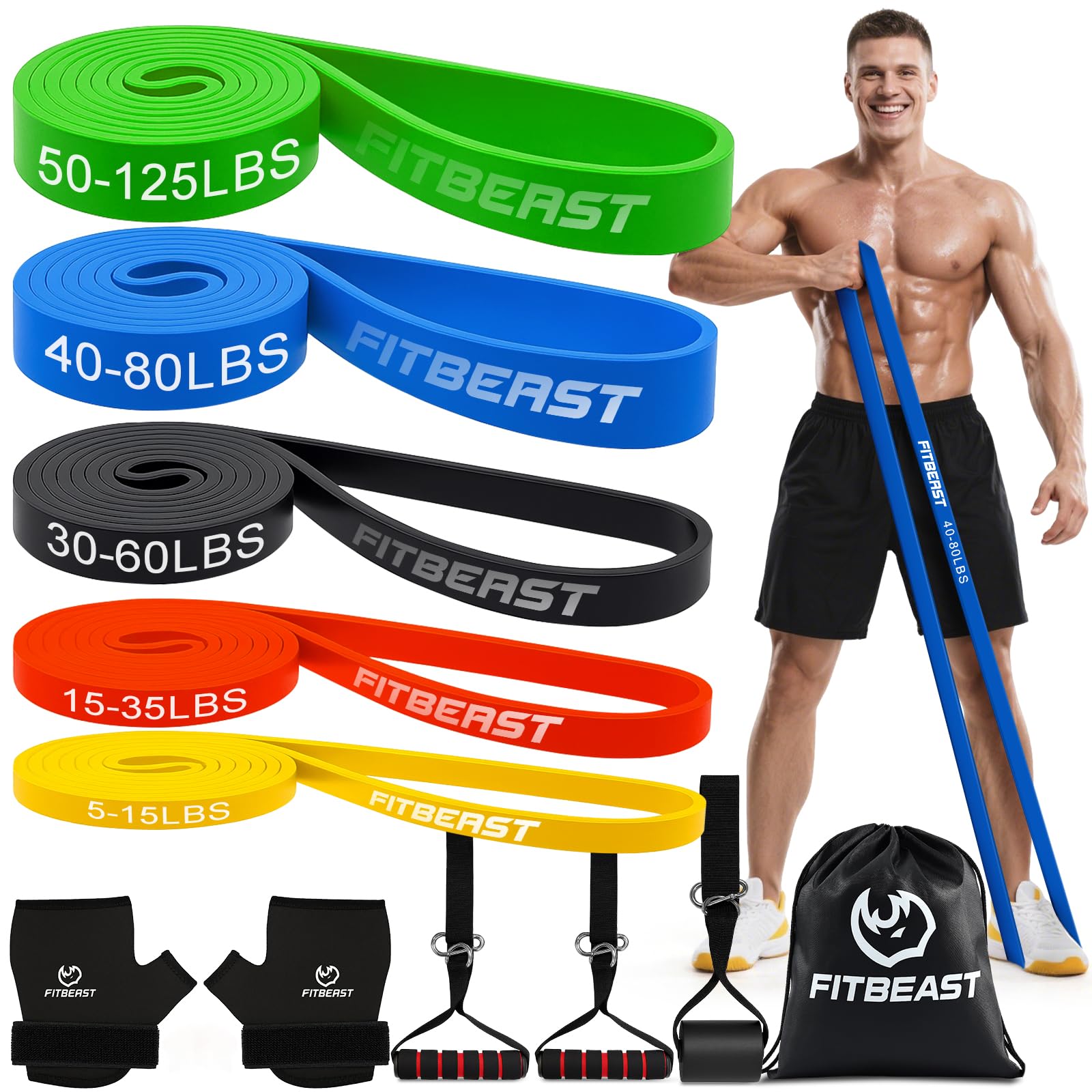 FitBeast Widerstandsbänderset, Fitnessbänder/Trainingsbänder mit Handschuhen & Türanker für Krafttraining & Training zu Hause