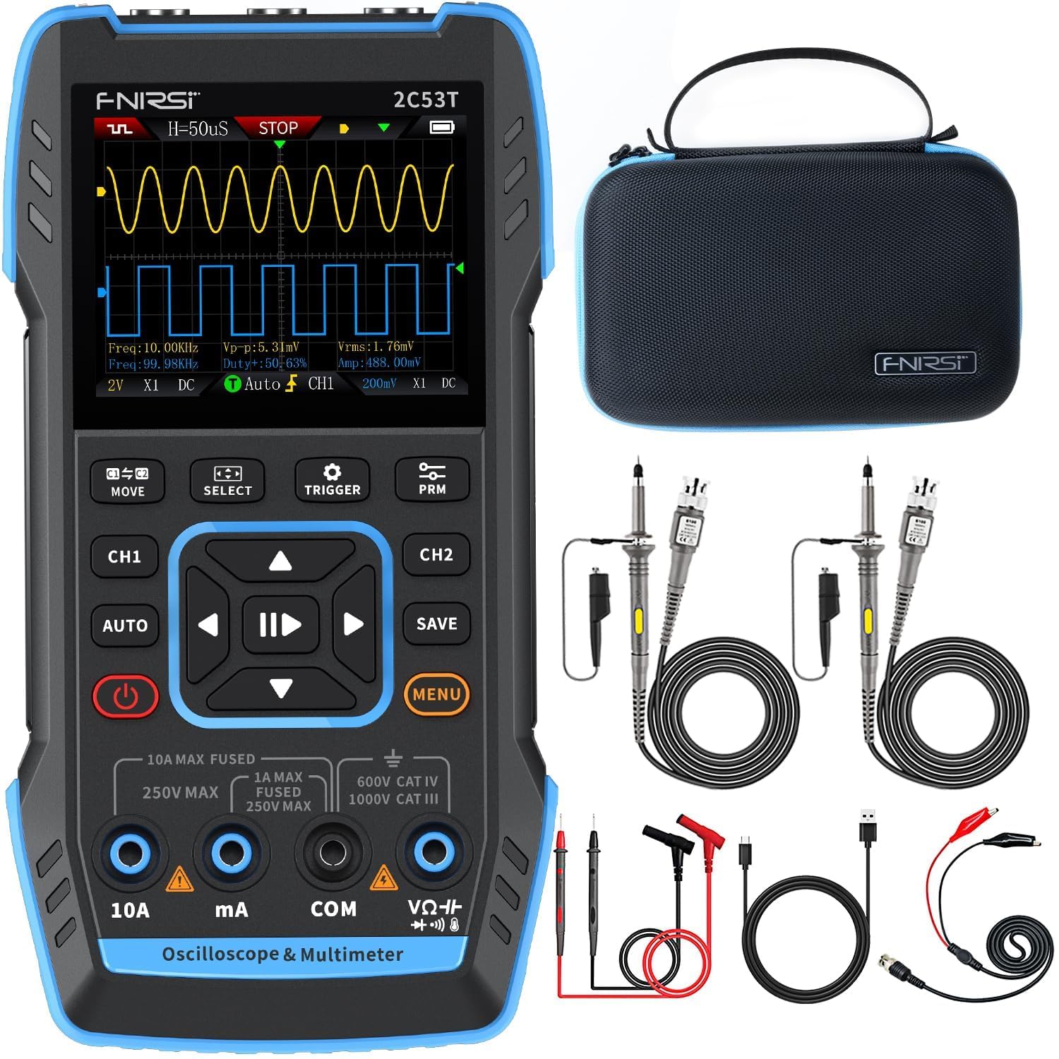 2C53T 3-in-1 Handoszilloskop Multimeter DDS Generator, 2 Kanal, 50MHz Bandbreite, 250MSa/ s Abtastrate, 20.000 Berechnungen, Spannung, Strom, Kapazität, Widerstand, 2* P6100 Sonden
