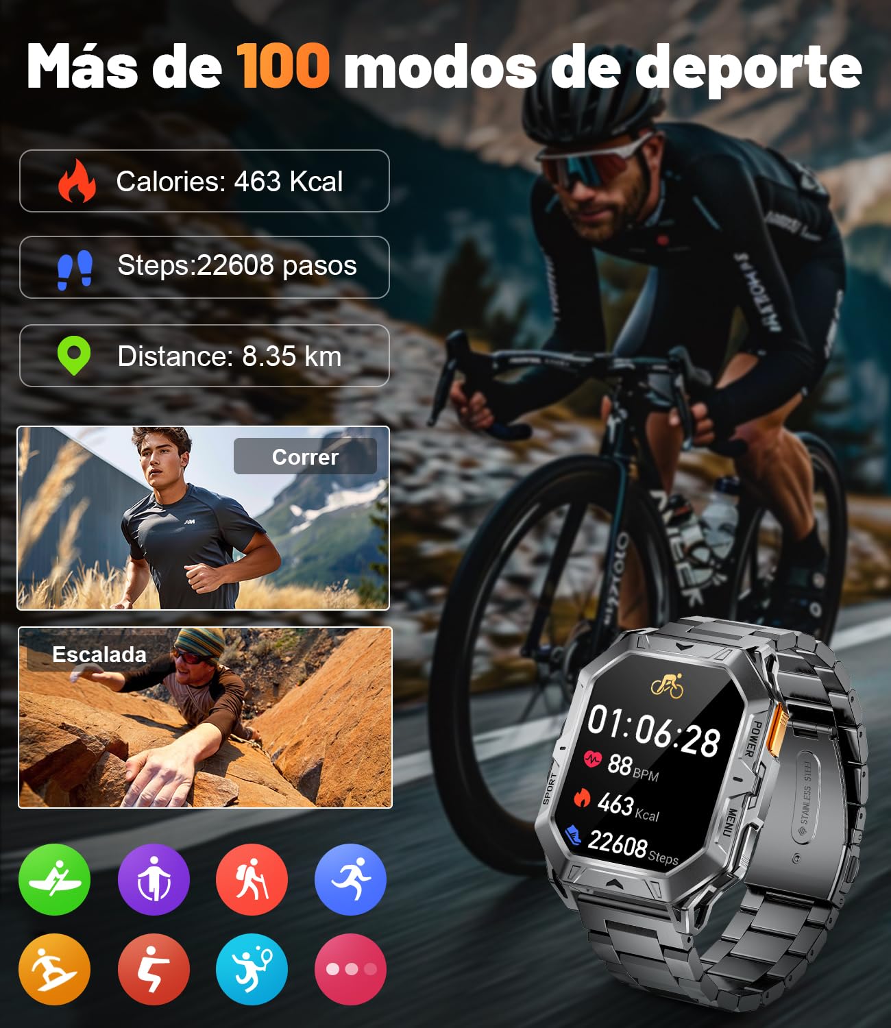 LIGE Reloj Inteligente Hombre, 256MB con 1000mAh Batería/Brújula/Altitud/Barómetro, 2.13" AMOLED Smartwatch Llamadas Bluetooth,100+ Deportivos,10ATM,Herzfrequenz/Schlafmonitor,Android iOS, Negro