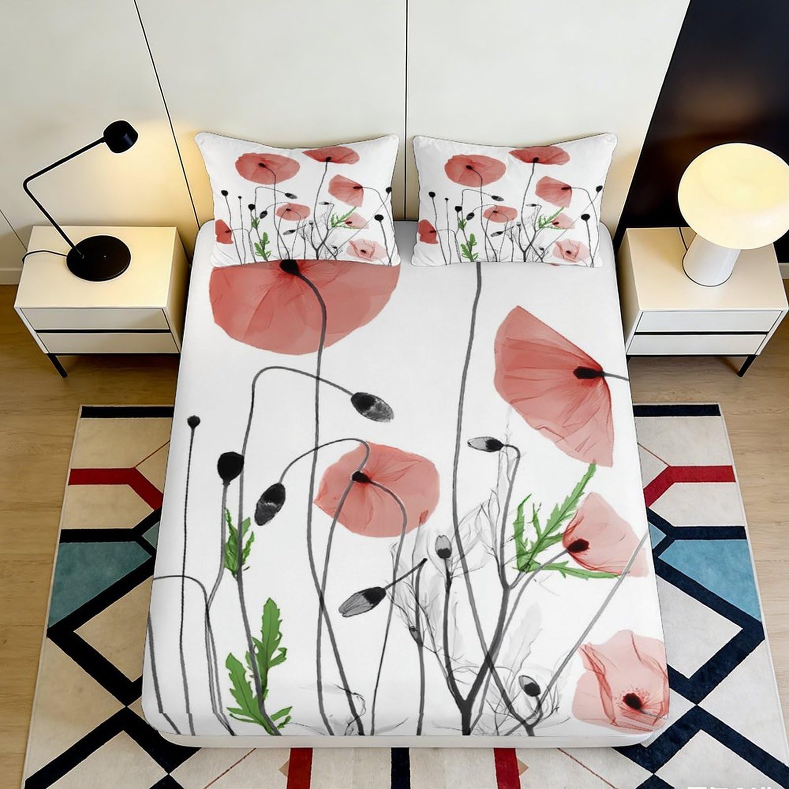 3D Printed Red Poppy Fitted Sheet Microfiber Wildflower Mattress Cover for Bedroom Guest Room Dustproof Easy Care 90x200x25cm