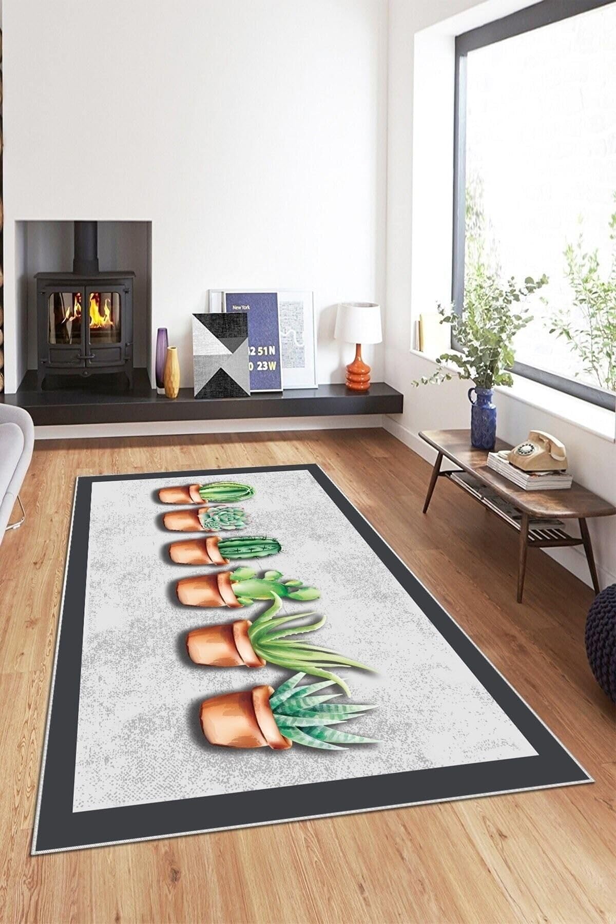 Pelangi Gri Kaktüs Desen Yıkanabilir Kaymaz Taban Leke Tutmaz Modern Salon Halısı Ve Yolluk, Açık Gri-Yeşil 80 x 600, 13581608060005