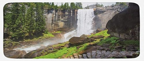 Ambesonne Yosemite Kitchen Mat, Vernal Fall Yosemite National Park Alpine Forest Rocks Wild Natural Scenic Photo, Plush Decorative Kitchen Mat with