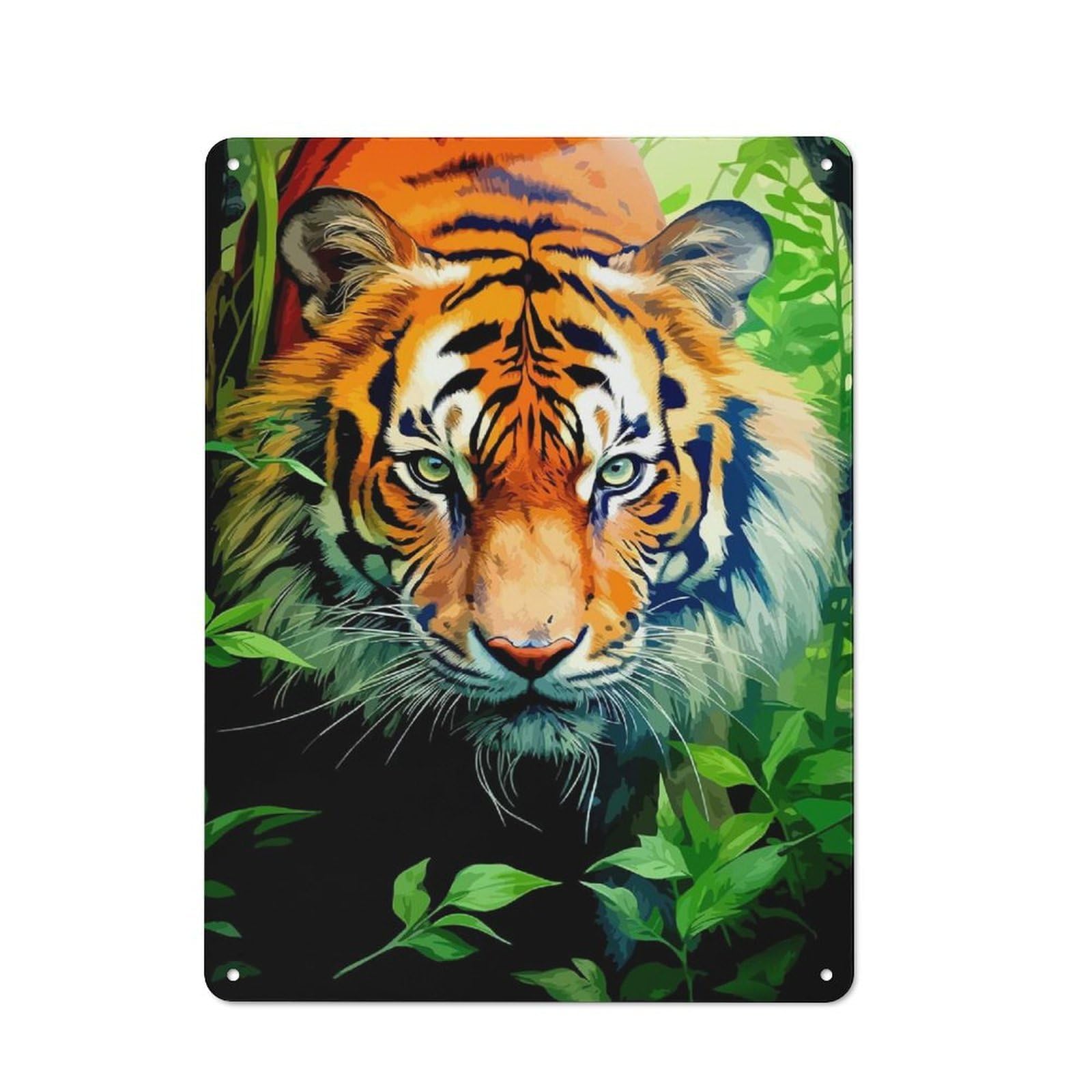 Nostalgic Tiger Portrait in Jungle Foliage Metal Wall Plaque 40x30cm, Retro Room Decor for Kitchen, Hallway, Bar Or Small Cafe