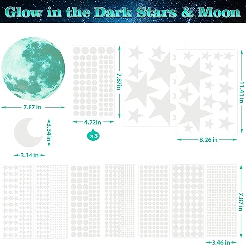 Miniatura 2 de Zonon 1630 calcomanías de estrella que brillan en la oscuridad para el techo, calcomanías de pared de luna y estrellas, calcomanías luminosas de