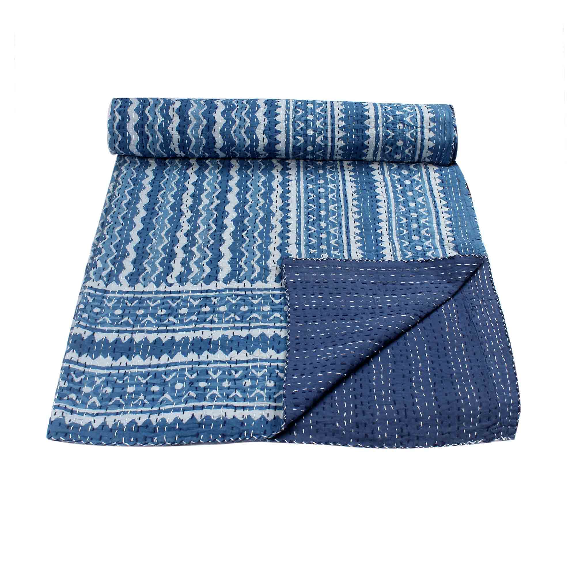 Traditionnel Jaipur Indien Pur Coton Indigo Bleu Kantha Couvre-lit Courtepointe Queen Size Courtepointe Indienne Handblock Kantha Couverture Zig Zag Impression Kantha Gudri