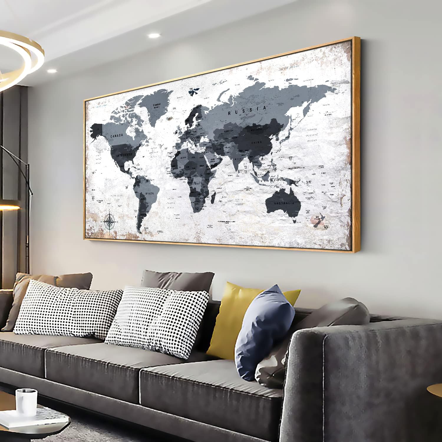 Framed wall art World Map Wall Art Canvas Picture 30inchx60inch Large Black and white Map of The World Canvas Painting Artwork Prints for Office Wall Decor Home Living Room Decorations Framed Ready to Hang 58L" x 29W" with framed map