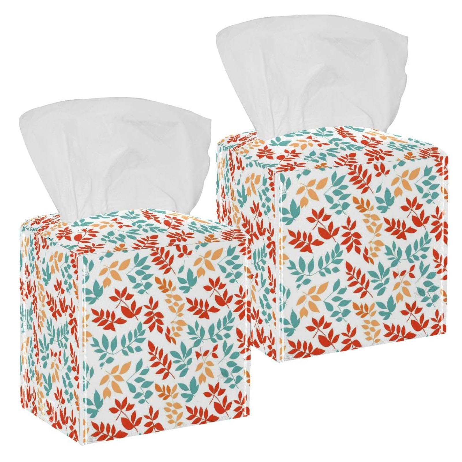 Artistic Leaves Tissue Box Cover, 2 Pack PU Leather Square Facial Tissue Dispenser Box holder for Home Office Car