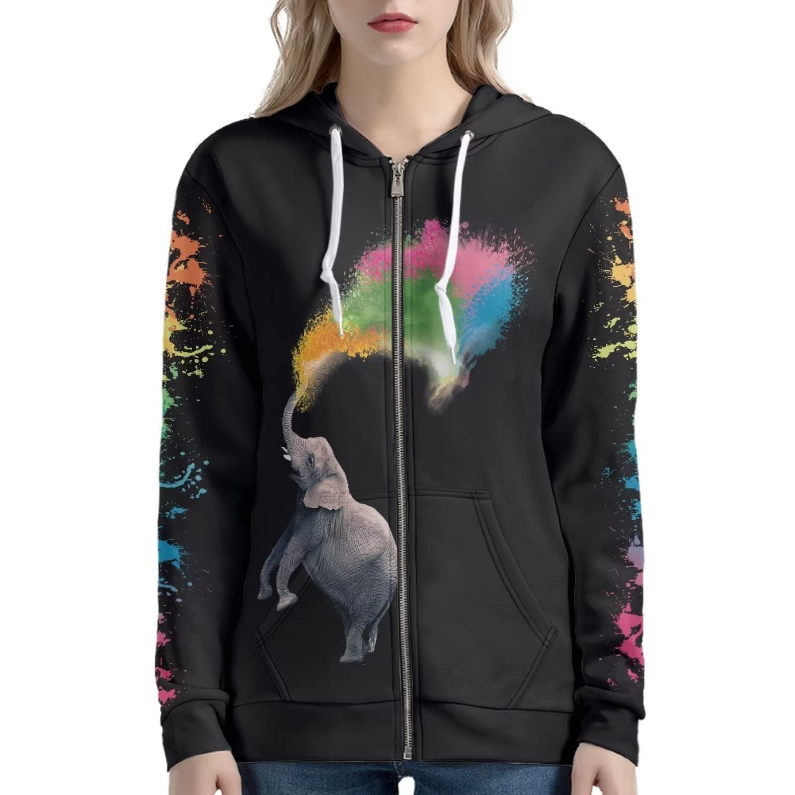 HUIACONG Damska bluza z kapturem zapinana na zamek błyskawiczny dla nastolatek sweter XS-5XL rozmiar, Słoń w sprayu Tie Dye, XS