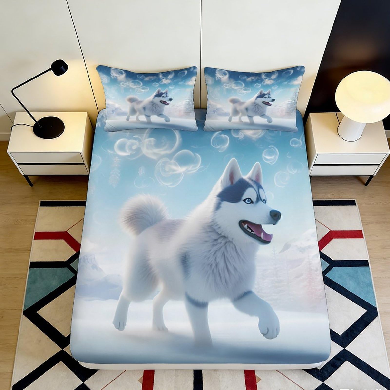 3D Printed Siberian Husky Pattern Fitted Sheet Microfiber Soft Breathable Bubble Design Mattress Cover for Bedroom Dormitory Guest Room Mattress Protection 180x200x25cm