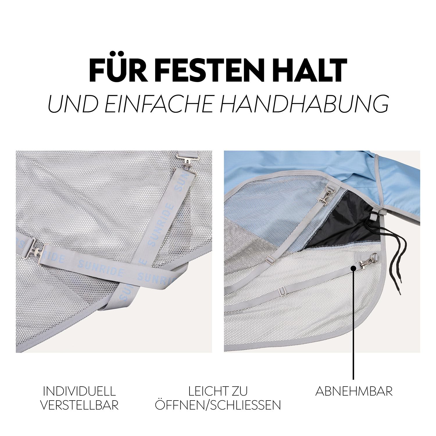 SUNRIDE Manta Lluvia antimoscas 0g Caballo (Oslo) – 1200D – Cuello Desmontable – 100% Impermeable – Columna de Agua 3.000 mm (Azul/Gris, 165 cm)