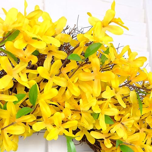 Miniatura 6 de Corona de primavera de flor de Forsythia amarilla de 25 pulgadas para puerta delantera, decoración rústica de verano para puerta delantera, coronas