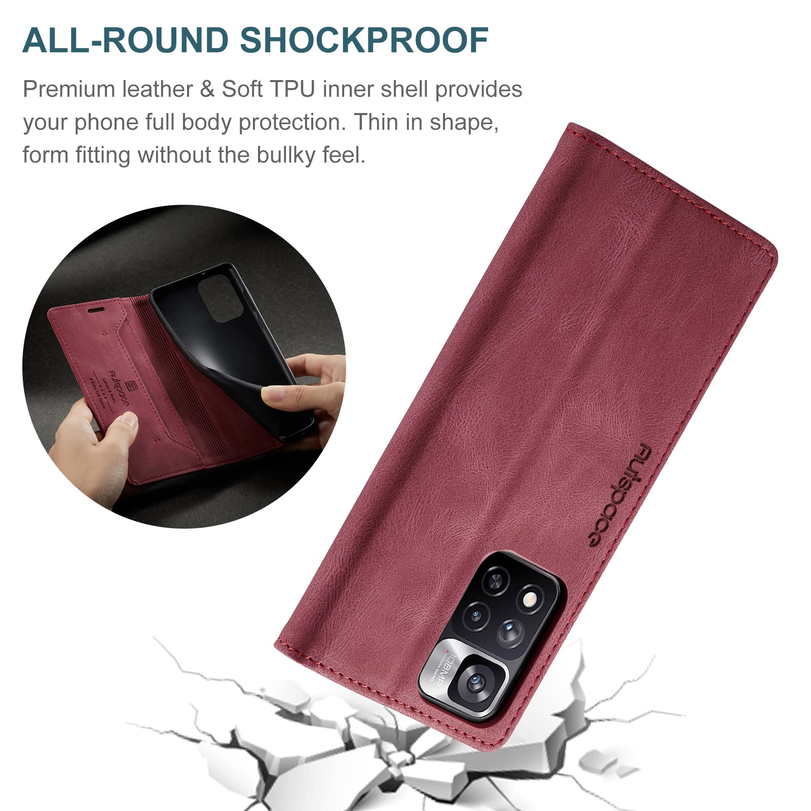 Étui portefeuille fin pour Xiaomi Redmi Note 11Pro/Pro+ - Antivol RFiD - En cuir synthétique résistant aux chocs - Avec fermeture magnétique - Emplacements pour cartes/billets - Rouge Étui portefeuille fin pour Xiaomi Redmi Note 11Pro/Pro+ - Antivol RFiD - En cuir synthétique résistant aux chocs - Avec fermeture magnétique - Emplacements pour cartes/billets - Rouge
