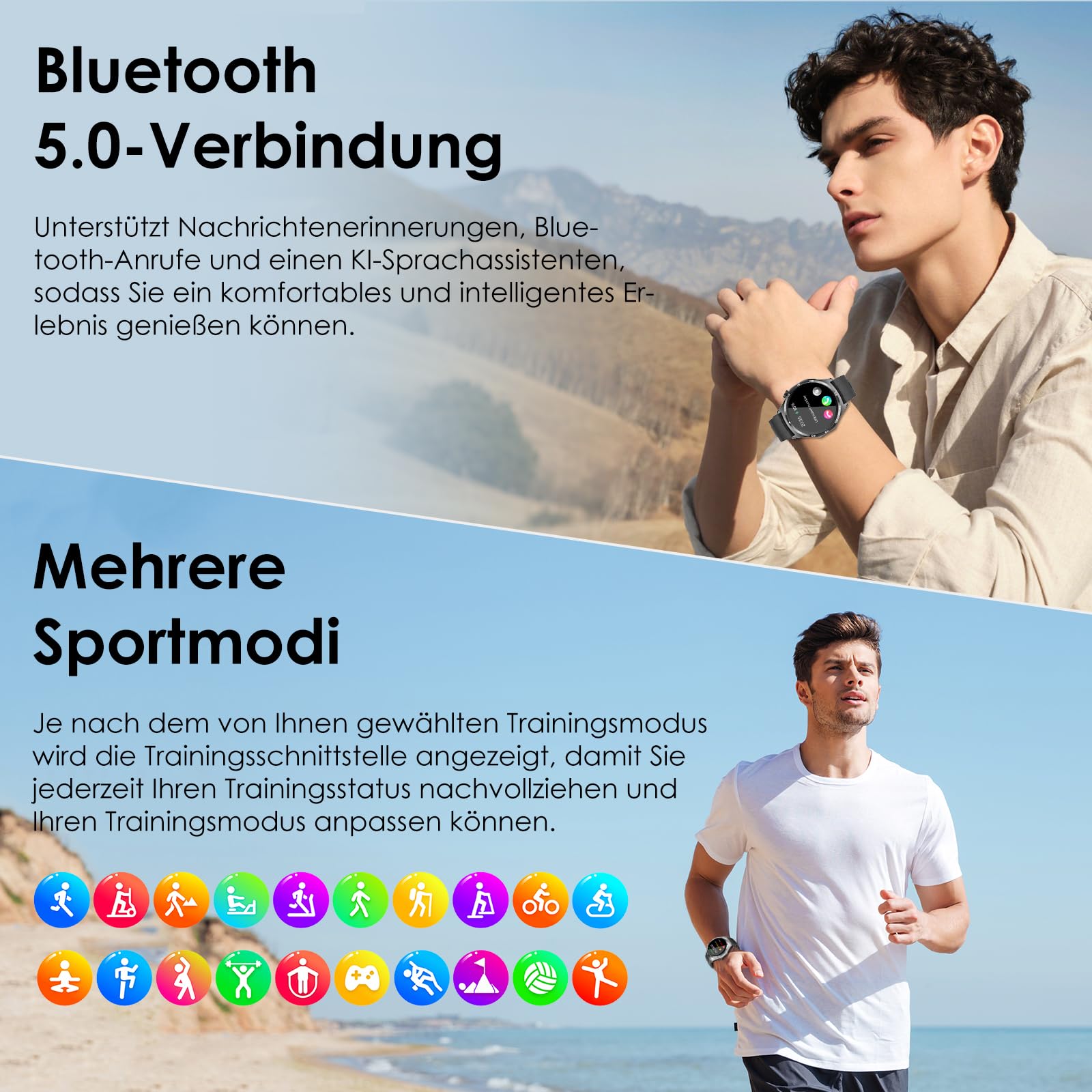 2026 Neu Smartwatch Herren mit EKG/Blutdruck/Harnsäure/Schlaf-Monitor/Emotion/Stimmung/BMI Rund 1,43"AMOLED Gesundheitsuhr mit Herzfrequenz SPO2,Bluetooth-Anrufe SOS-Notruf Fitnessuhr für iOS/Android