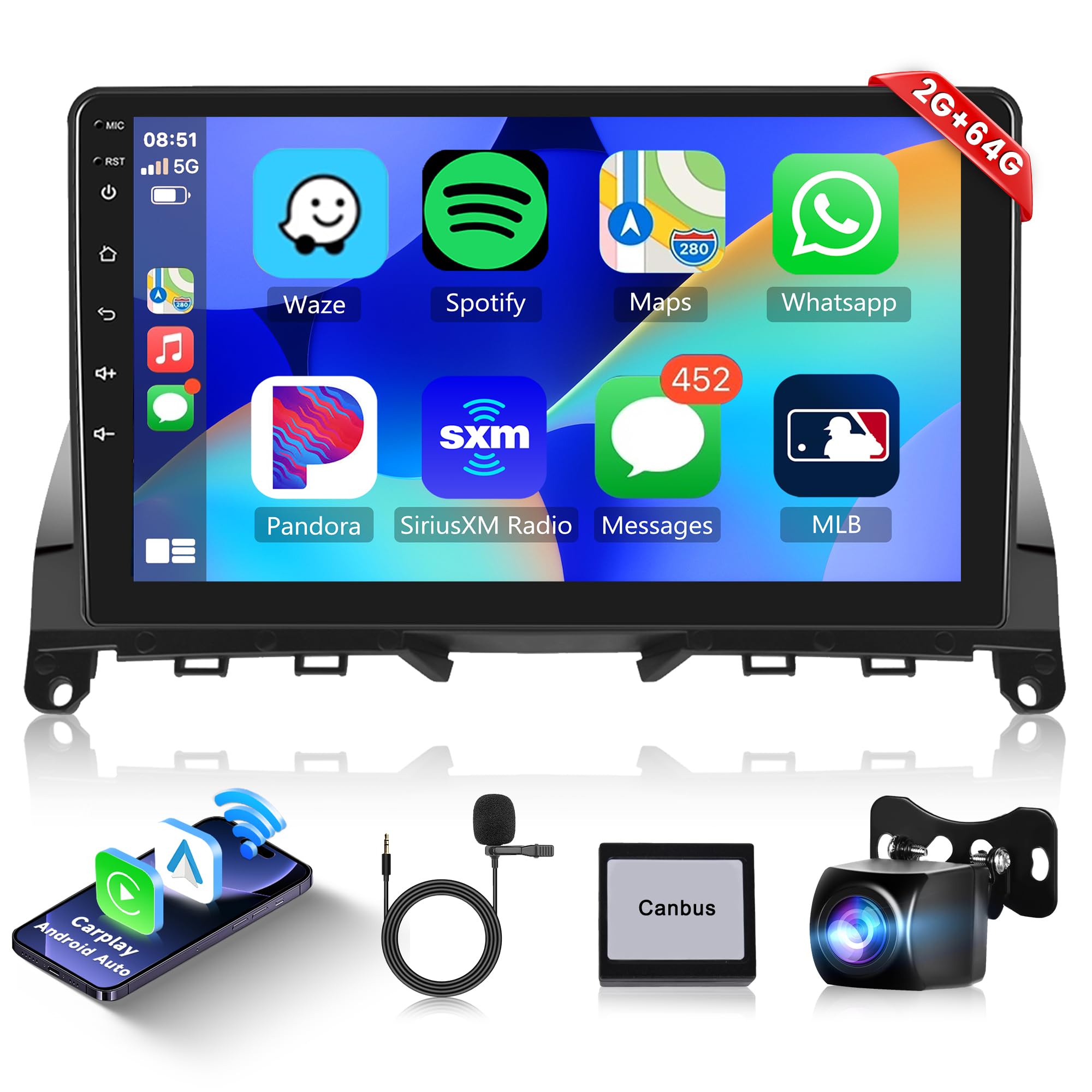 2G+64G 8 Core Android Car Stereo for Mercedes Benz C Class W204 S204 2007-2010 with Wireless CarPlay & Android Auto, 9" Touch Screen Radio with Mirror Link GPS WiFi Bluetooth RDS FM Backup Camera Mic