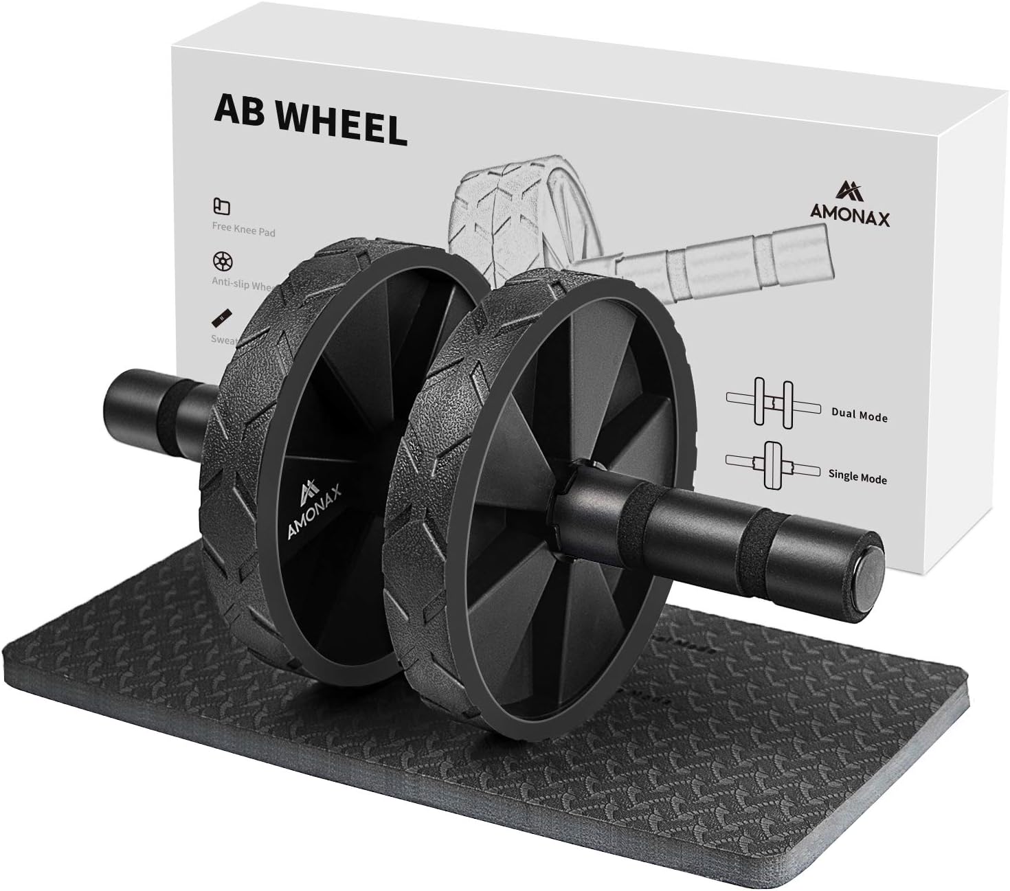 Amonax Convertible Ab Wheel Roller with Large Knee Mat for Core Abs Rollout Exercise. Double Wheel Set with Dual Fitness Strength Training Modes at Gym or Home