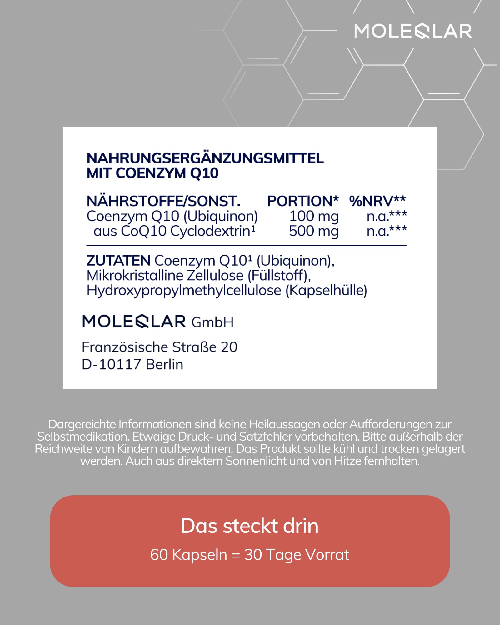 MoleQlar Coenzym Q10 Kapseln 60 Stück - 100 mg Ubiquinon aus Q10 Cyclodextrin - Markenrohstoff CavaQ10 - Monatsvorrat (30 Portionen) - laborgeprüft in DE