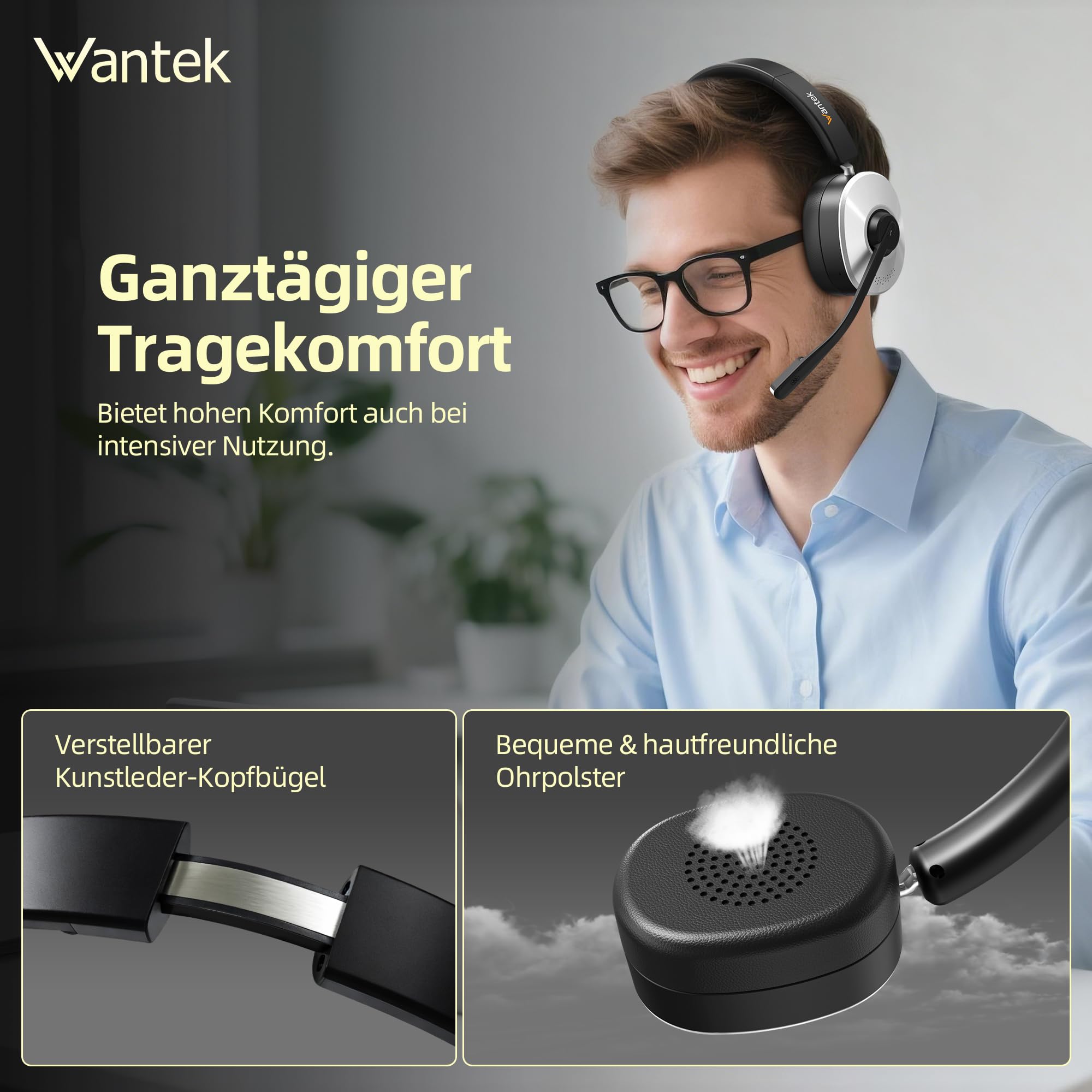 Wantek Casque Bluetooth sans Fil avec Micro, Casque sans Fil avec Station de Charge, Dongle USB, Casque Bluetooth avec Microphone pour PC Bureau Zoom Skype Ordinateur Portable Centre d'appel équipes