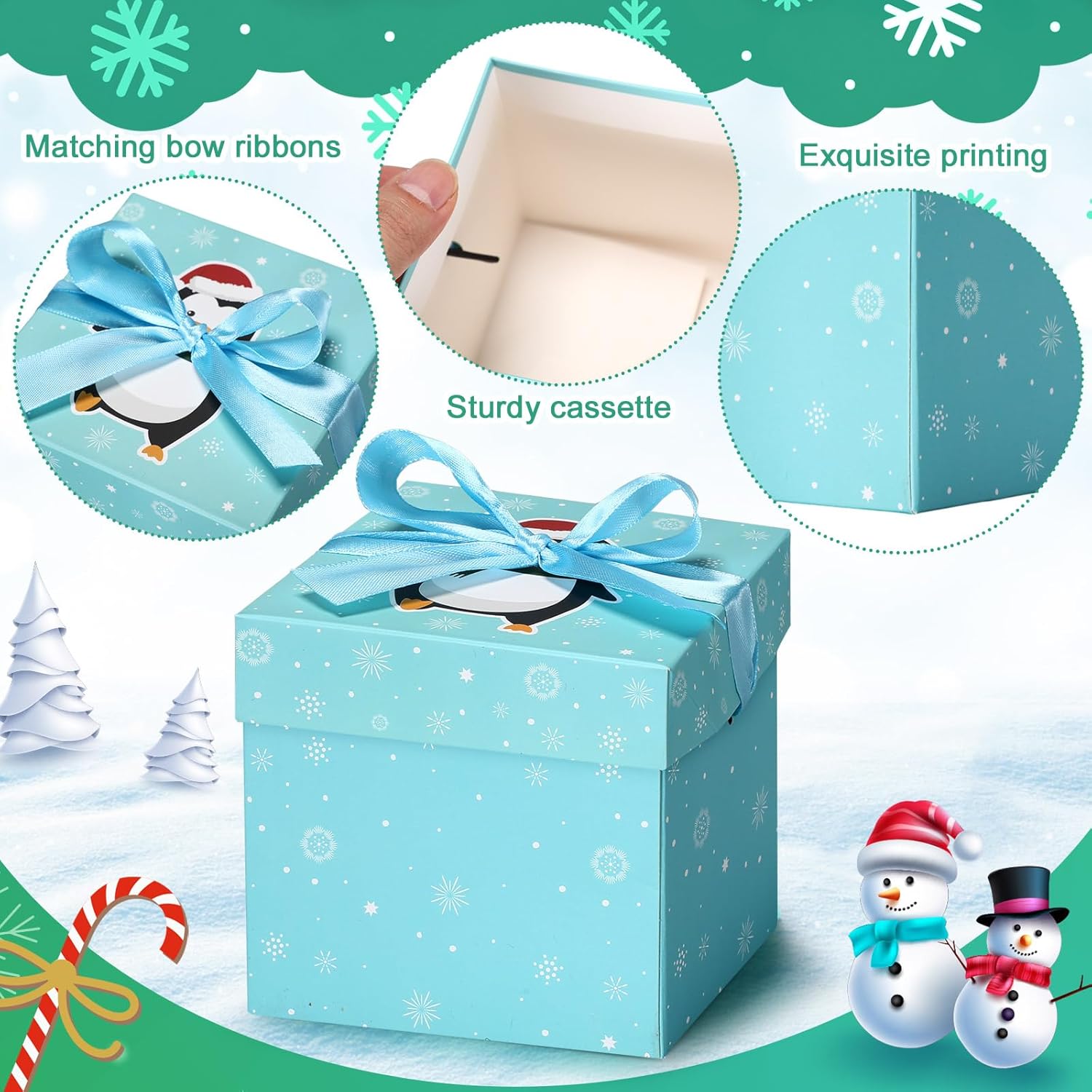 Cholemy 60 Pieces Christmas Gift Boxes with Lids Small Squared Boxes with Ribbon Xmas 4x4x4 Boxes Holiday Bow Box Gift Wrap Boxes for Christmas Party Favor Present, 12 Designs (Cute Style) - Image 2