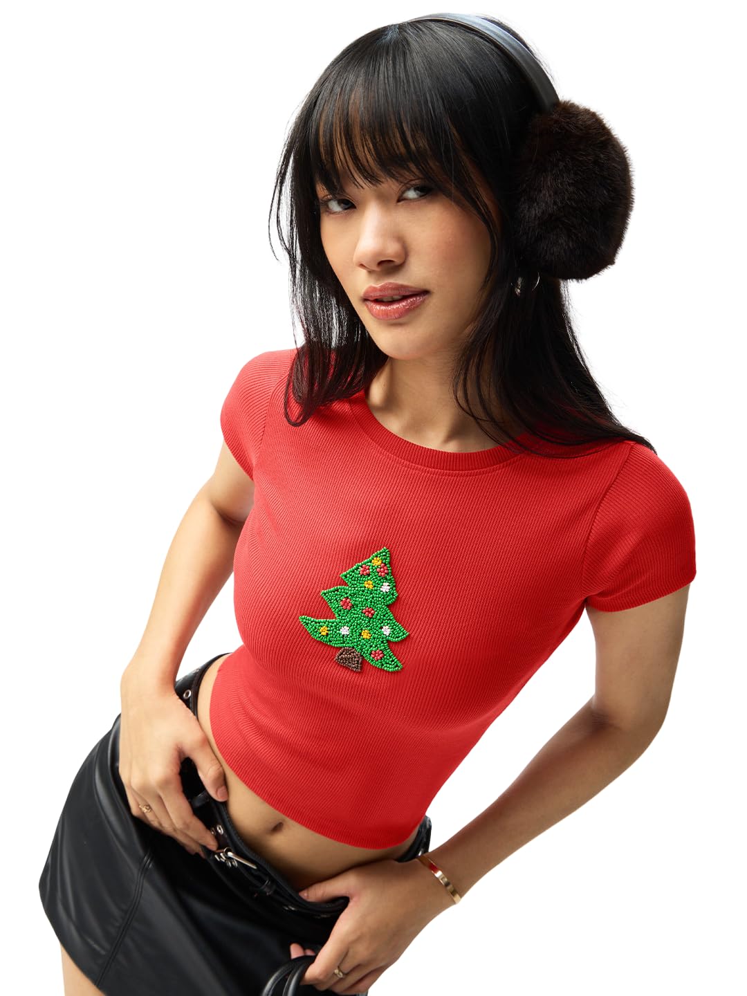the souled store Christmas Tree Women and Girls Short Sleeves Round Neck Red Ribbed Poly-Elastane Slim Fit Lightweight Everday Trendy Festive Bead Embroidery Crop Top-picture-55