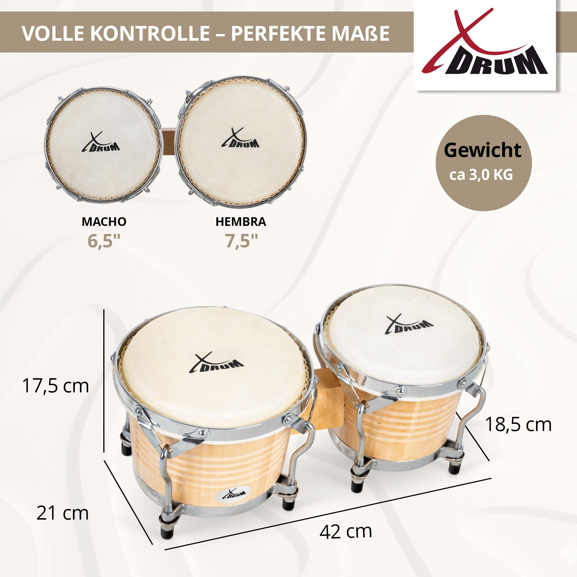 XDrum Bongos Pro Natur - 2 Trommeln mit 6,5" (17 cm) und 7,5" (20 cm) Durchmesser - Bongotrommeln mit stimmbaren Naturfellen, Stimmschlüssel und Ständer - Holztrommeln Naturfarben