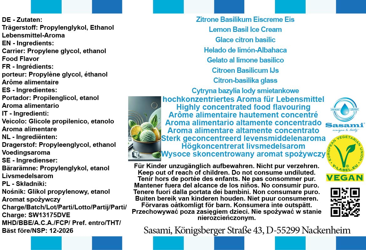Zitrone Basilikum Eiscreme Eis Aroma Konzentrat - Vegan - Sasami - 100ml