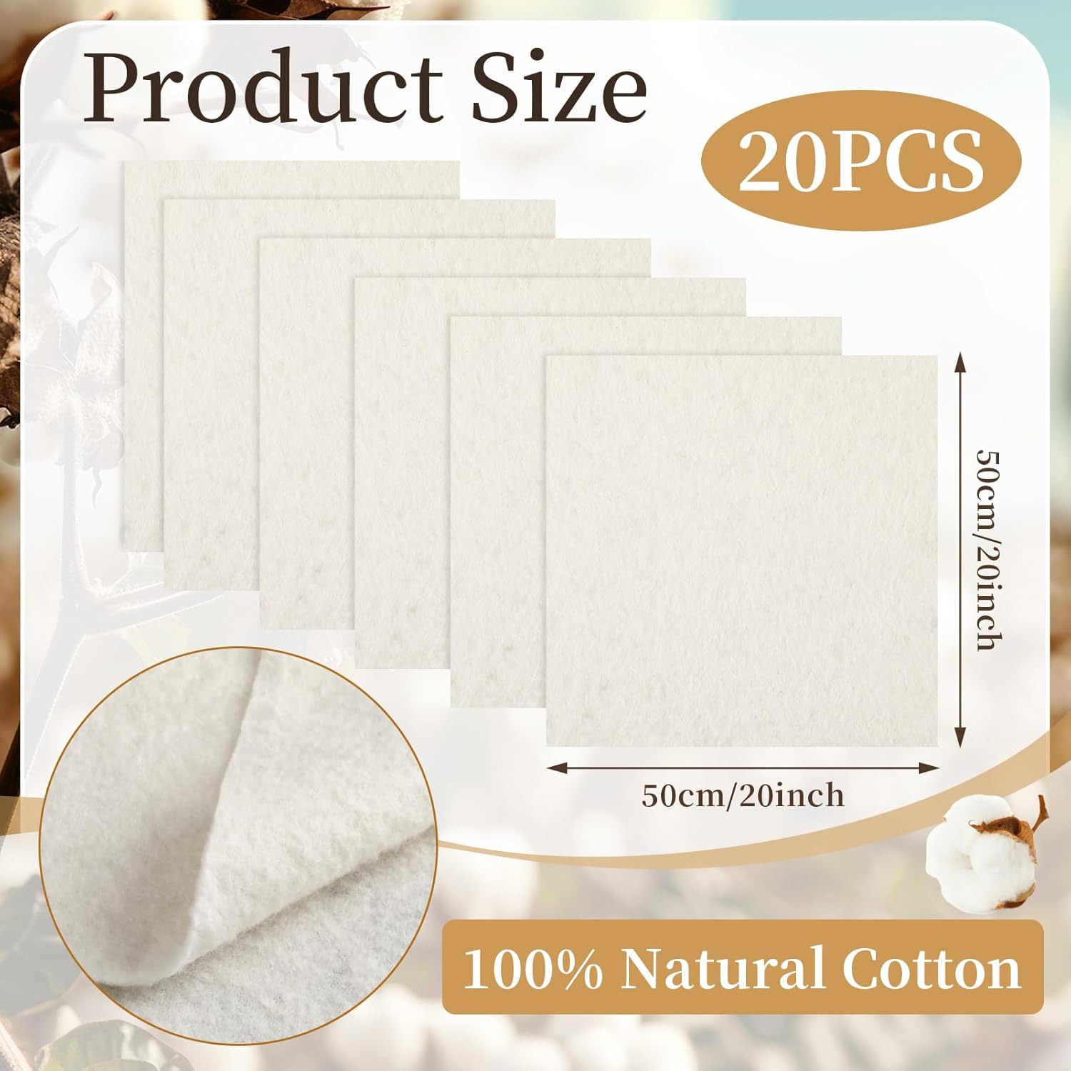 Gilprop 20 Pack Natural Cotton Quilt Batting Pads, 20 x 20 Inches, Soft and Breathable Filling for Quilting Fabric Sewing, Crafts, and DIY Projects