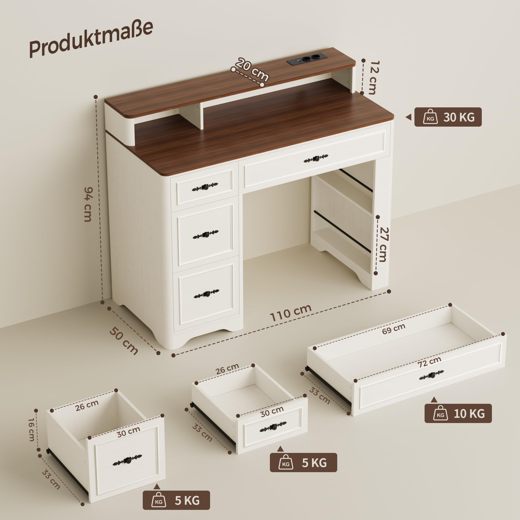 BonVache Schreibtisch Holz Mit Schubladen im Landhausstil 110cm mit A4 Akten-Schublade und Integrierter Ladesteckdose