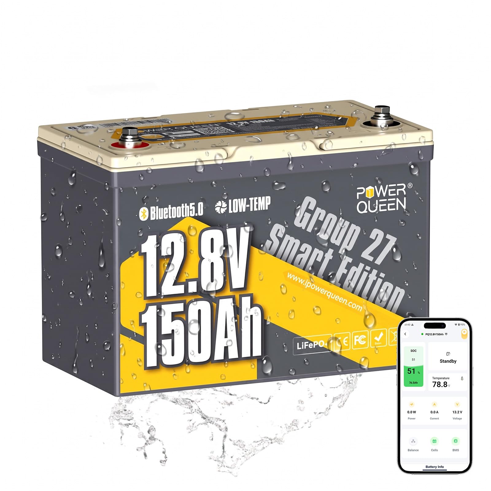 Power Queen 12V150Ah Group27 Trolling Motor LiFePO4 Battery for Marine Boat