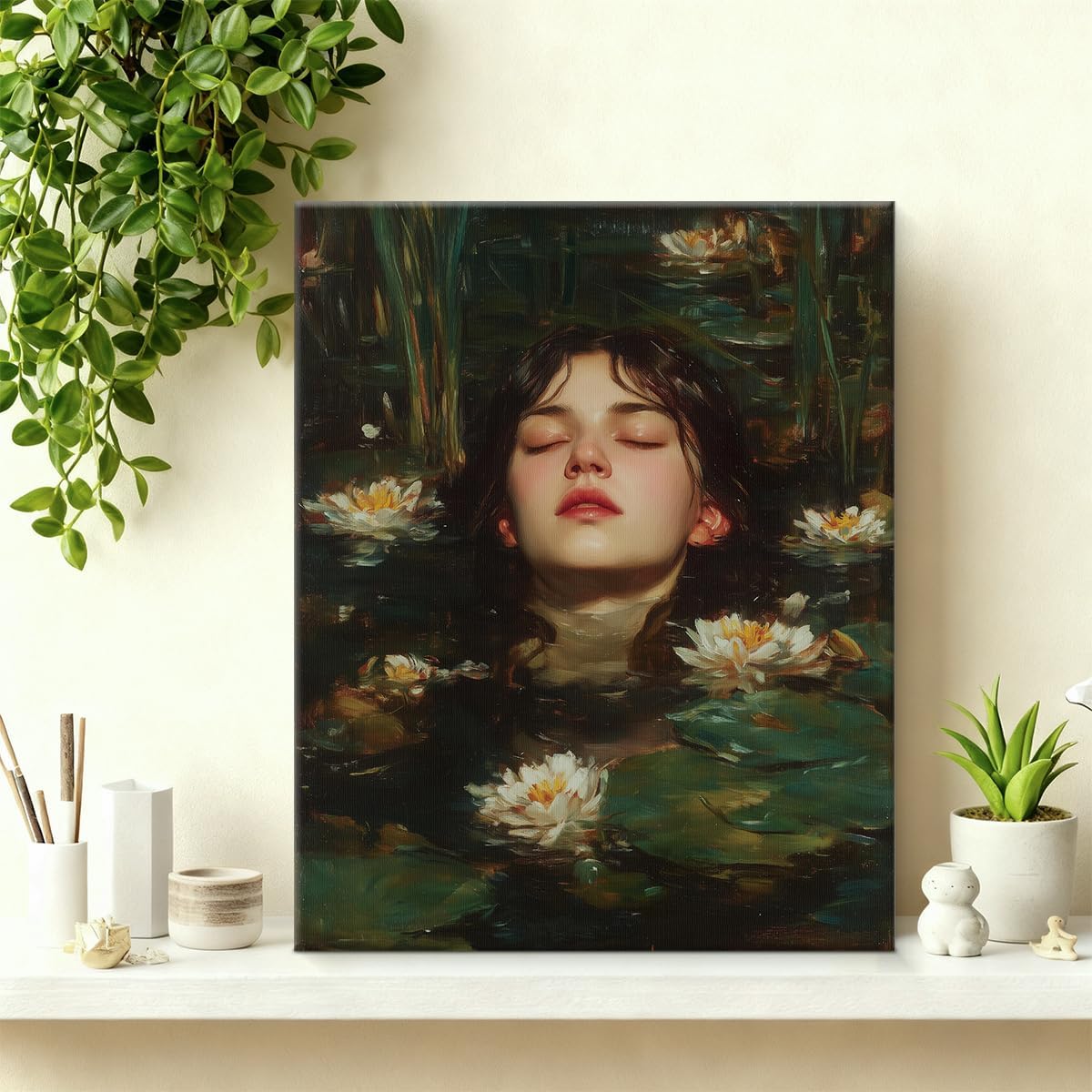 YJIKRTVT Dark Academia Ophelia Portrait Canvas Wall Art, Vintage Water Lily Oil Painting, Rustic Decor for Bedroom Study Reading Nook, Gift for Book Lovers, 8x10 Inch image 5